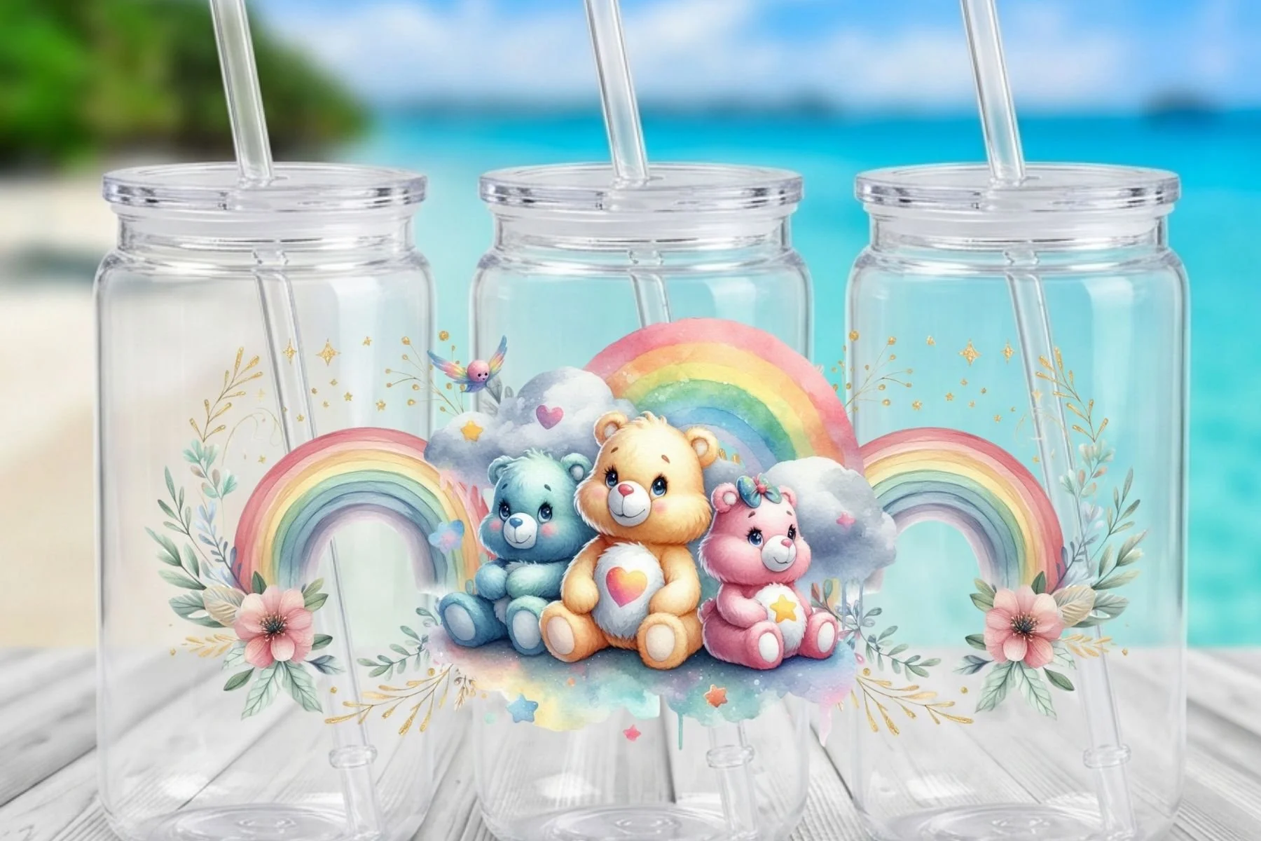 Pastel Rainbow Care Bears & Flowers 16 oz. Can-Shaped Tumbler