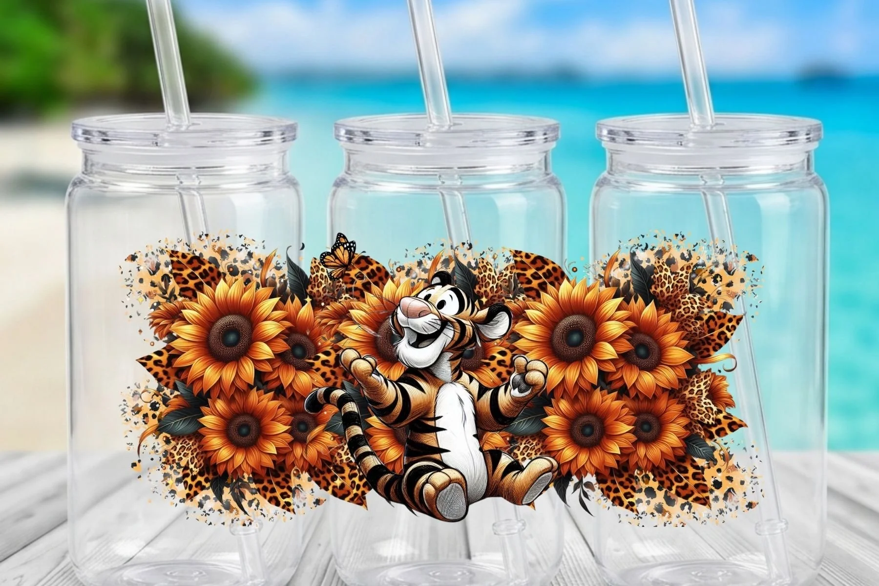Tigger Leopard Print & Sunflowers 16 oz. Can-Shaped Plastic Tumbler