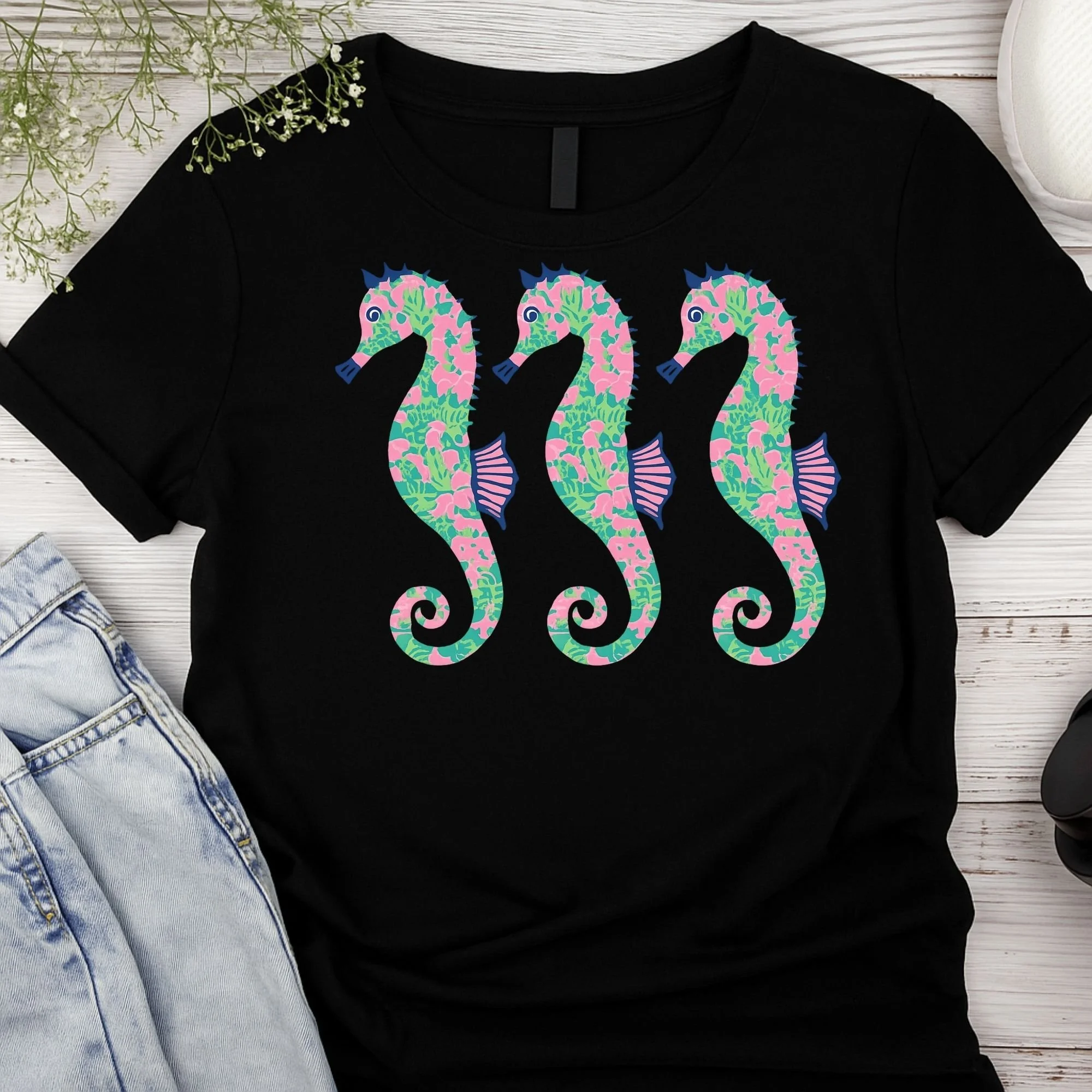 Seahorse Trio Graphic T-Shirt - Tropical Coastal Apparel - Ocean Life Sea Creature Tee