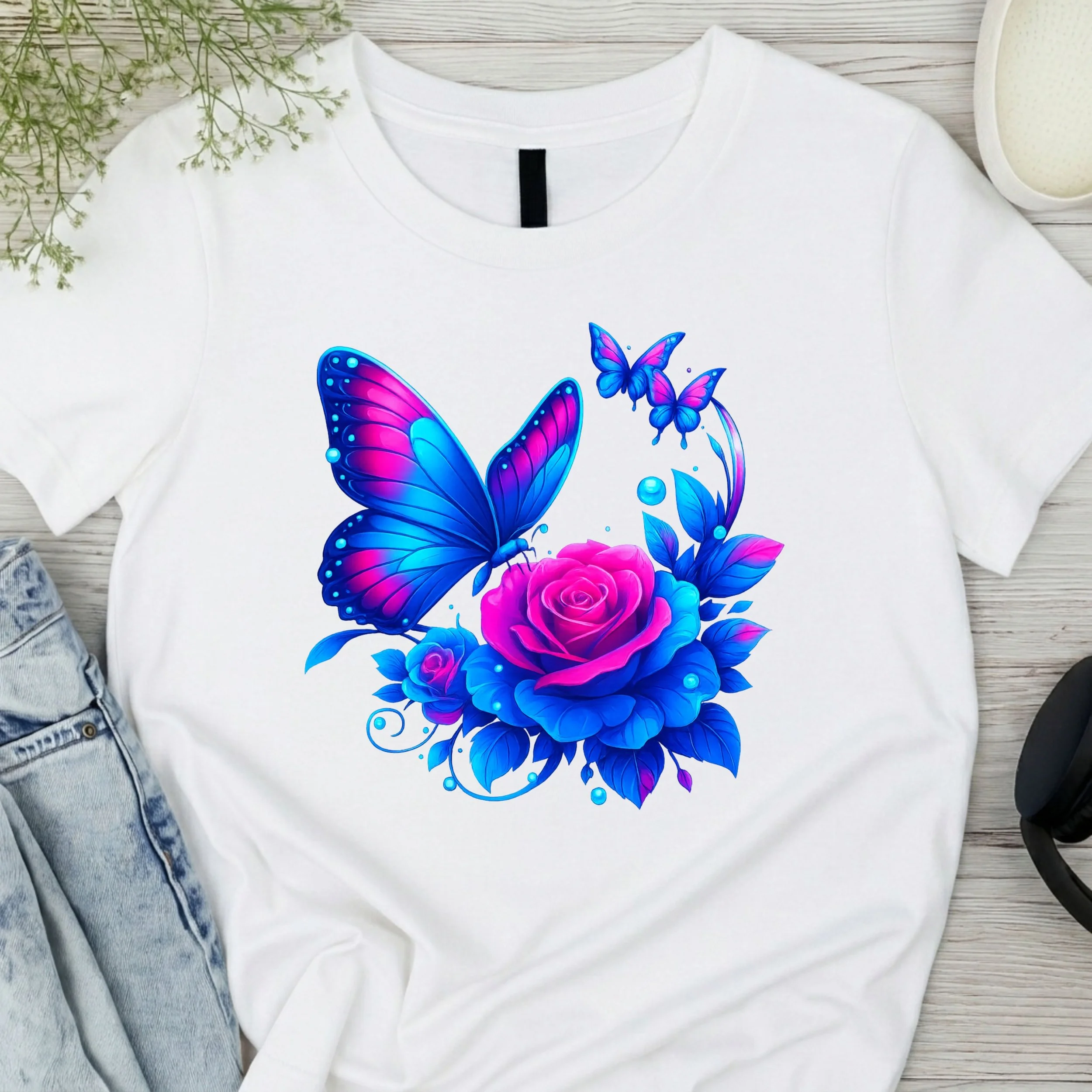 Butterfly and Rose Graphic T-Shirt - Vibrant Floral Tee - Women's Artistic Butterfly Shirt