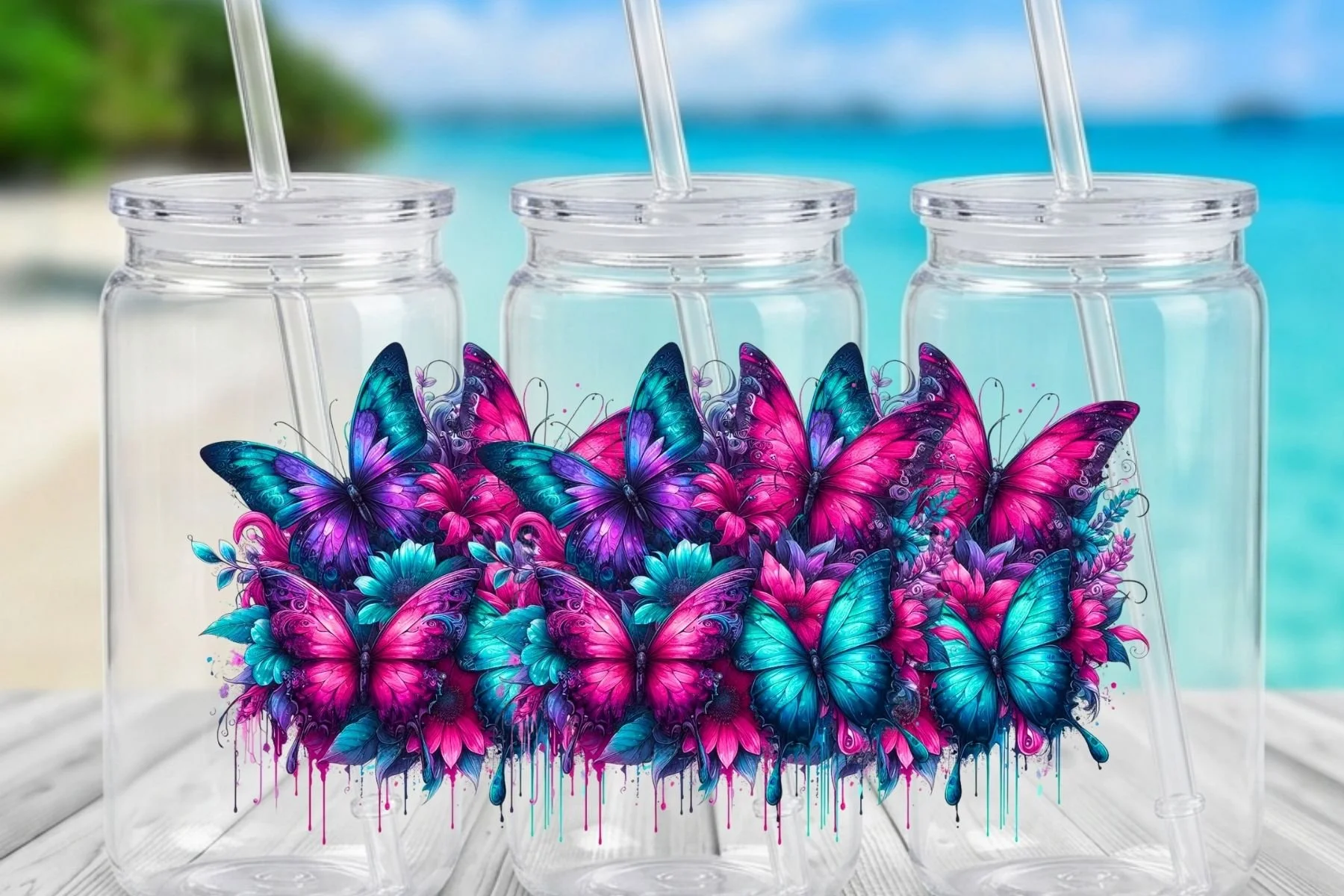 Neon Pink & Blue Butterfly and Flower 16 oz. Can-Shaped Tumbler