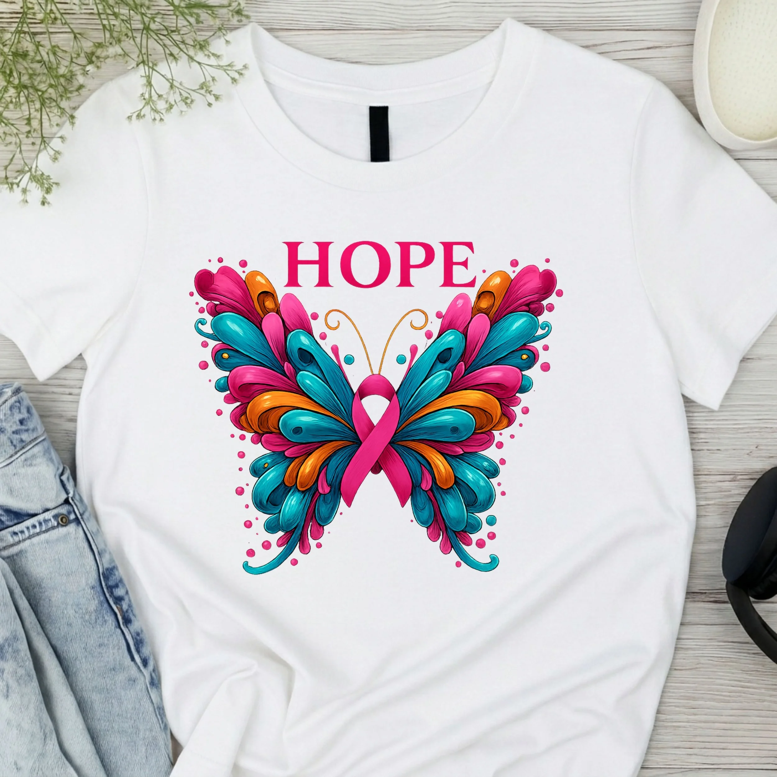 Hope Butterfly Ribbon T-Shirt - Cancer Awareness Graphic Tee - Inspirational Floral Shirt
