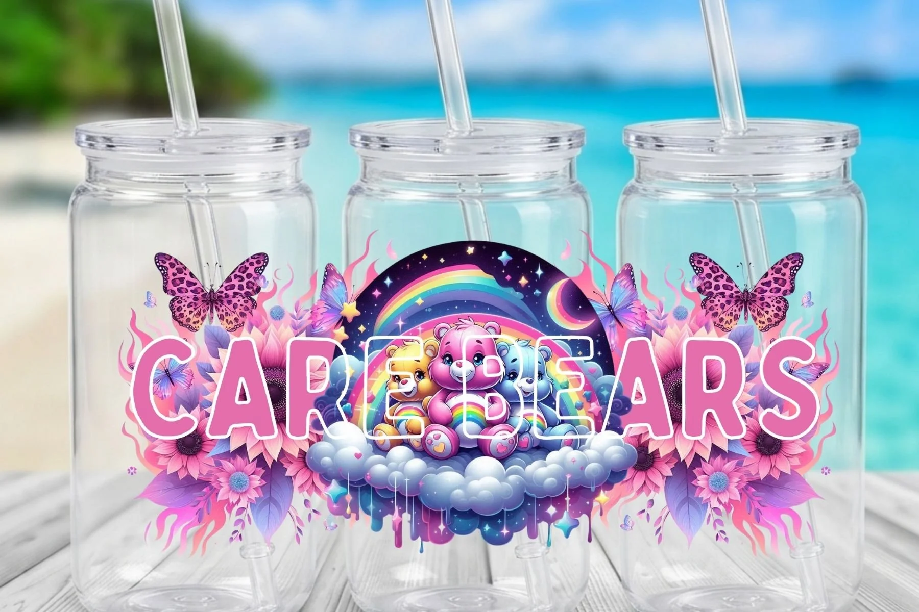 "Care Bears" Rainbow Night Sky & Pink Floral 16 oz. Tumbler