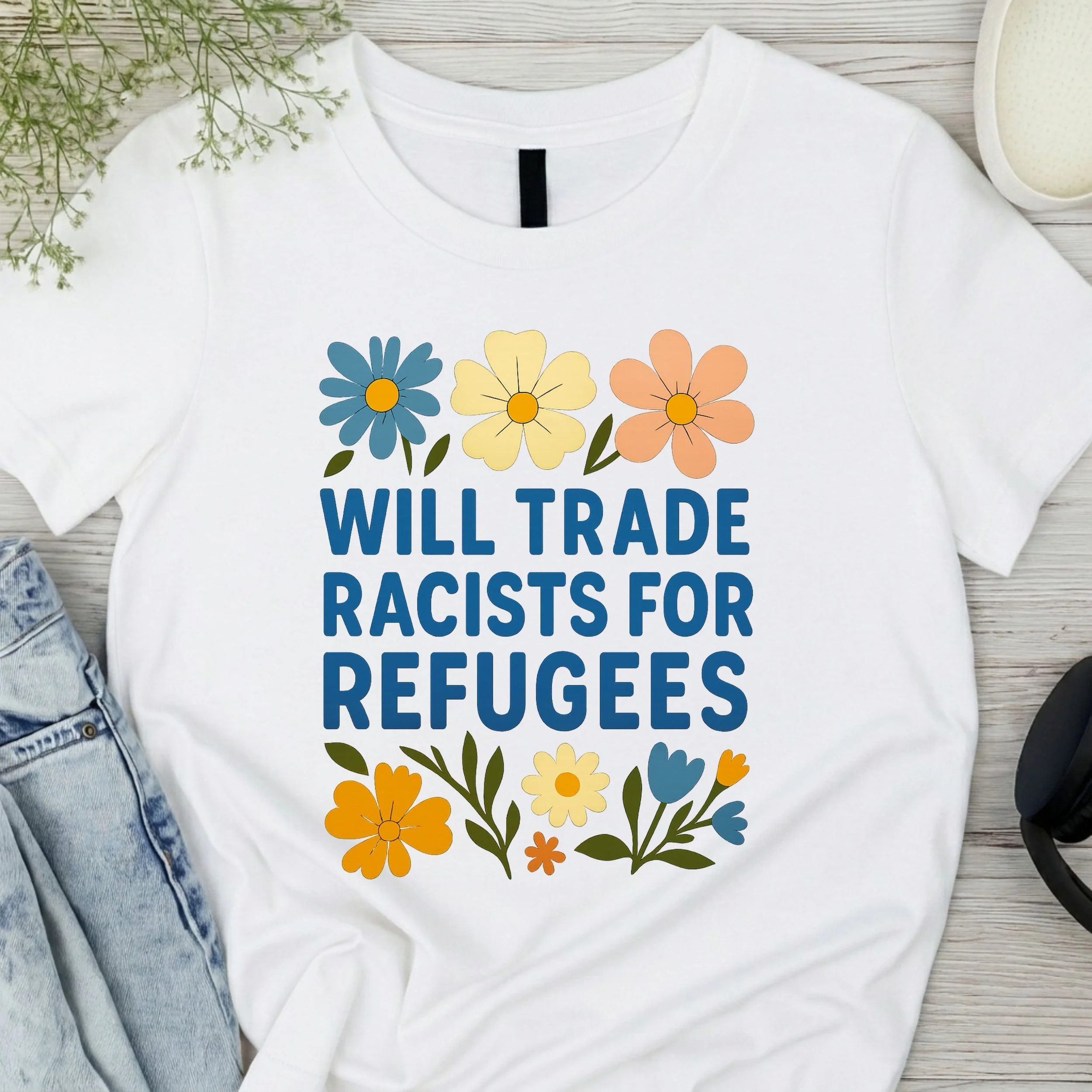 "Will Trade Racists for Refugees" – Floral Graphic Unisex Tee