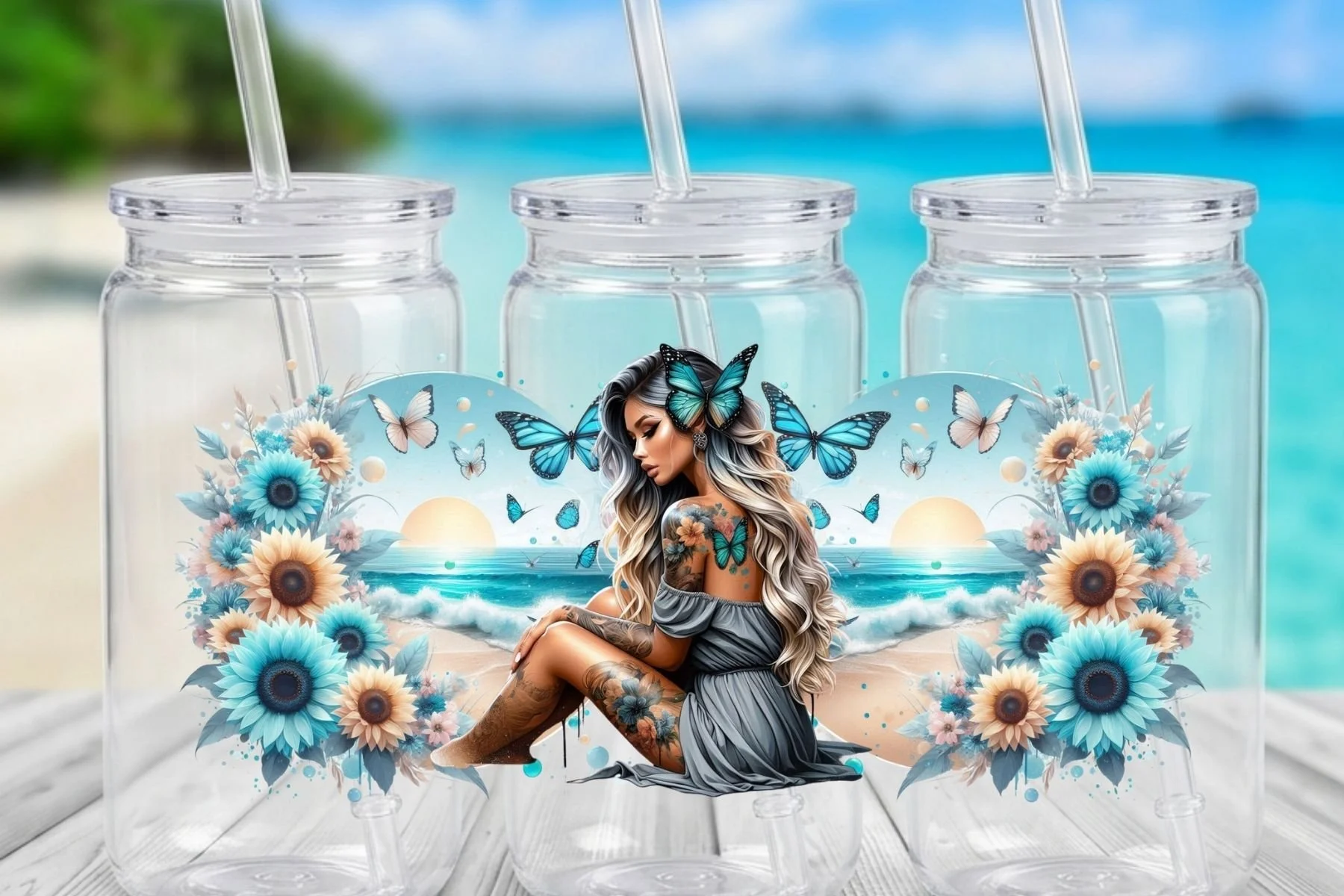 Beach Sunset & Blue Butterfly Girl 16 oz. Can-Shaped Plastic Tumbler