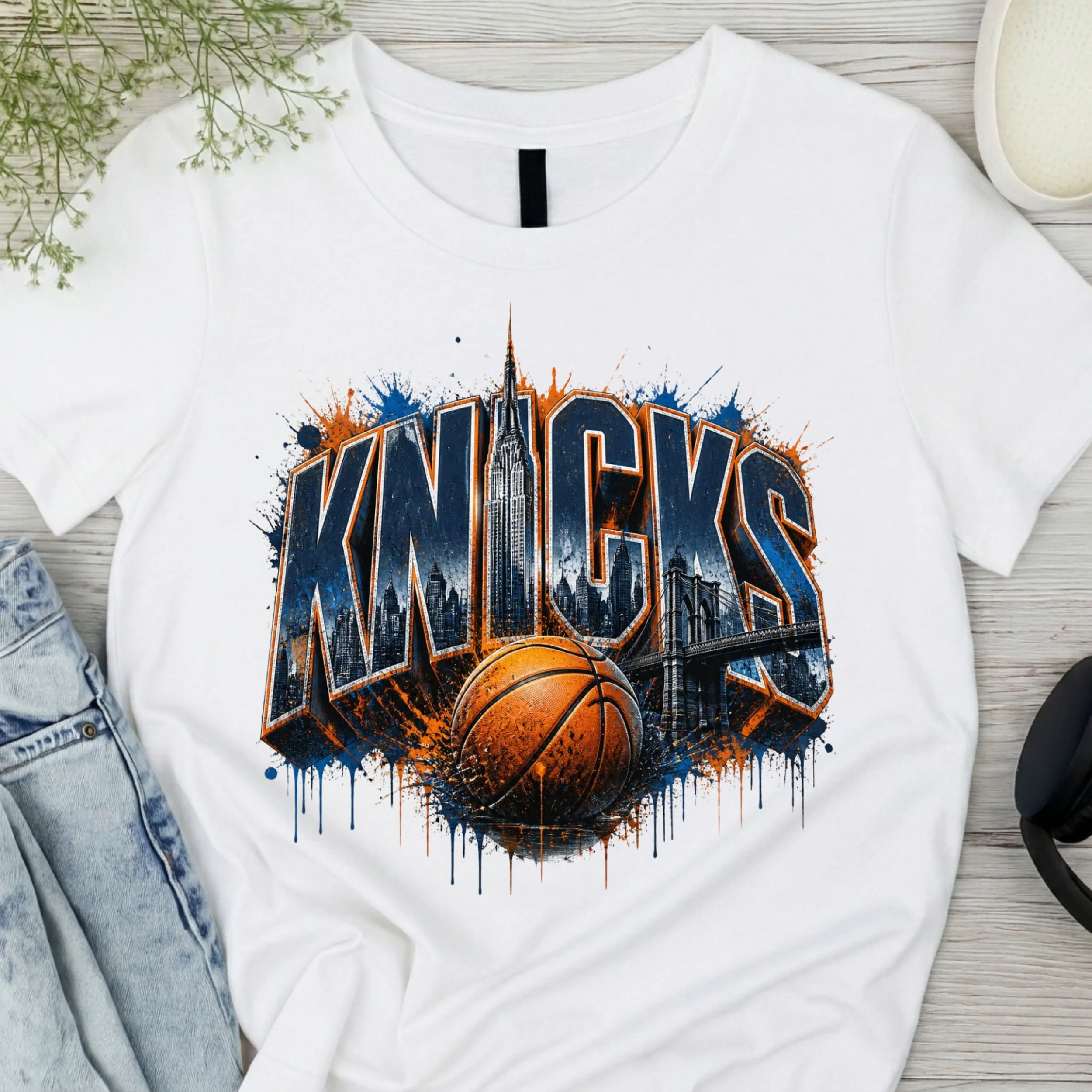 NYC Basketball Skyline Graphic T-Shirt | Retro Knicks City Edition Tee | New York Sports Urban Apparel