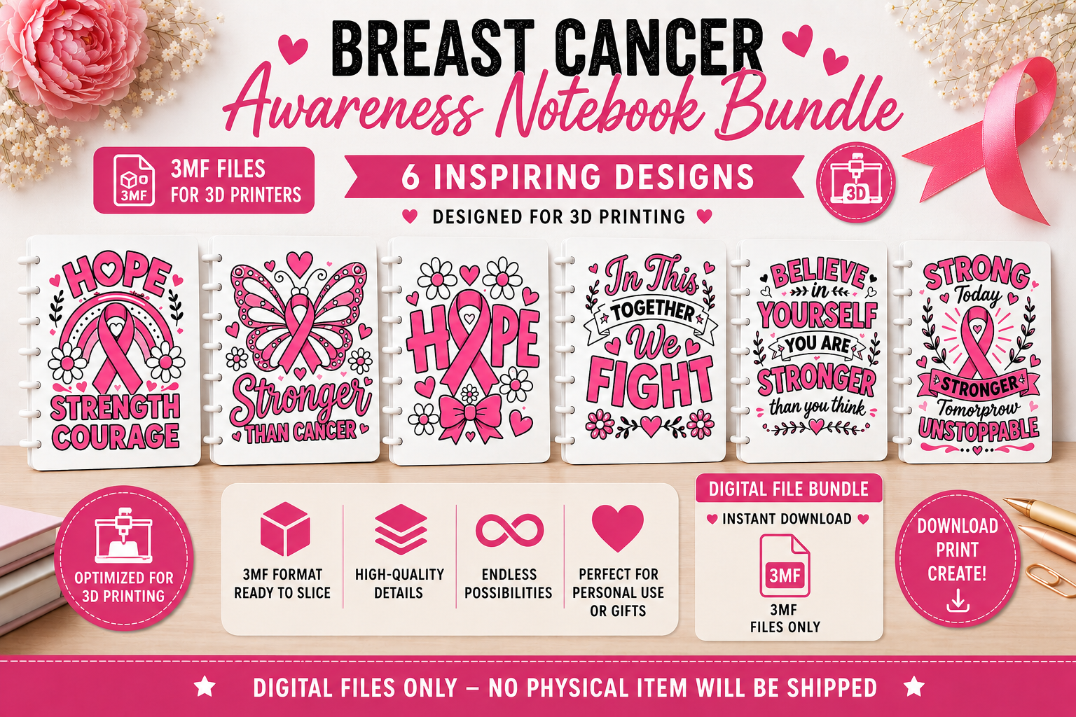 Breast Cancer Awareness Notebook Cover Bundle – 6 Designs – 3MF Digital Files for 3D Printing