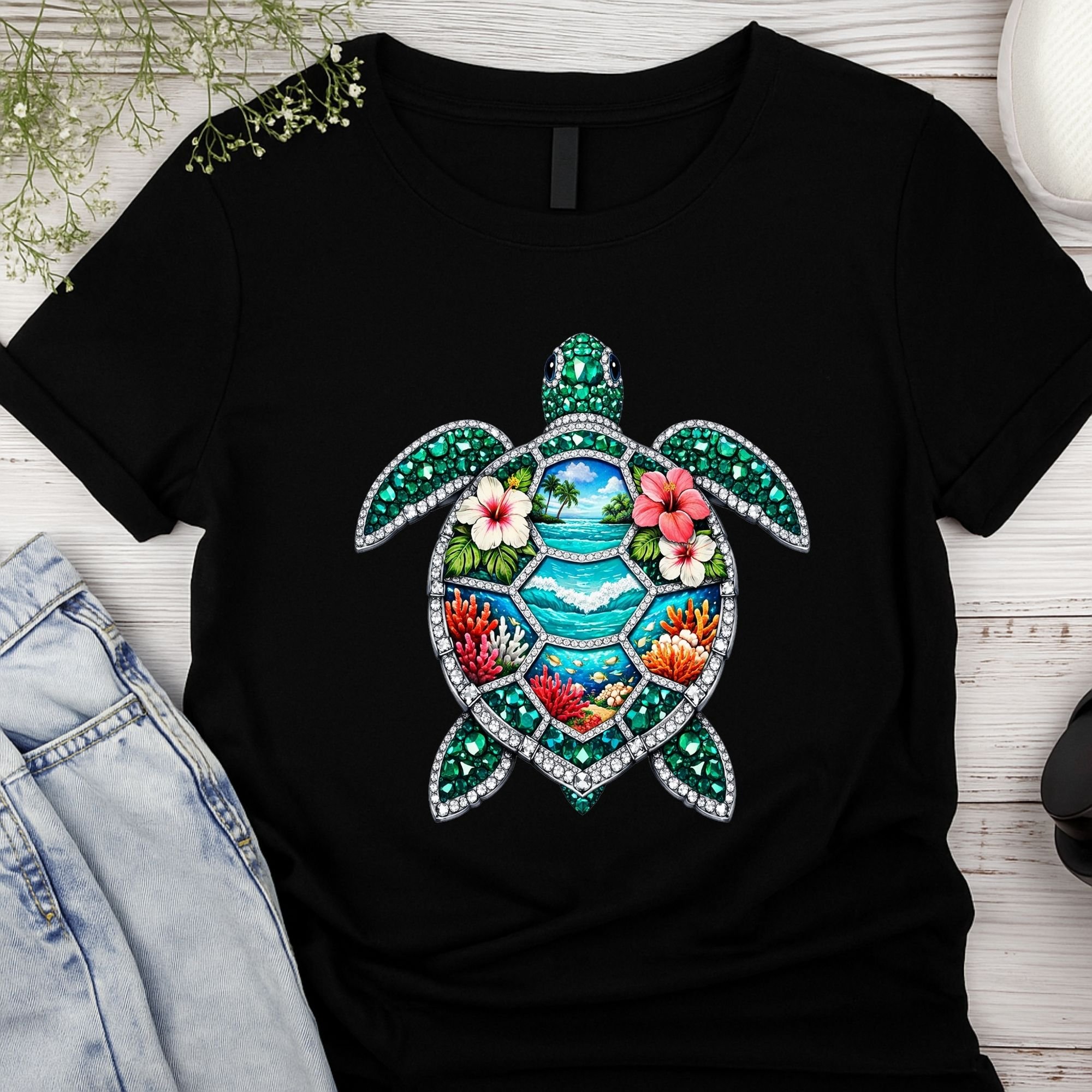 Jeweled Tropical Sea Turtle Graphic T-Shirt - Island Paradise Art Tee - Coastal Casual Apparel