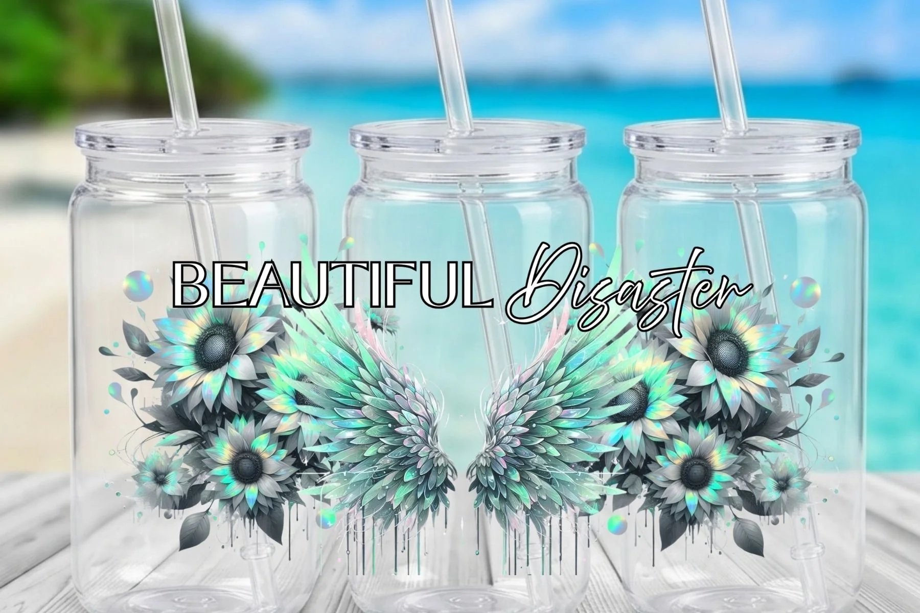 "Beautiful Disaster" Angel Wings & Sunflowers 16 oz. Can-Shaped Plastic Tumbler