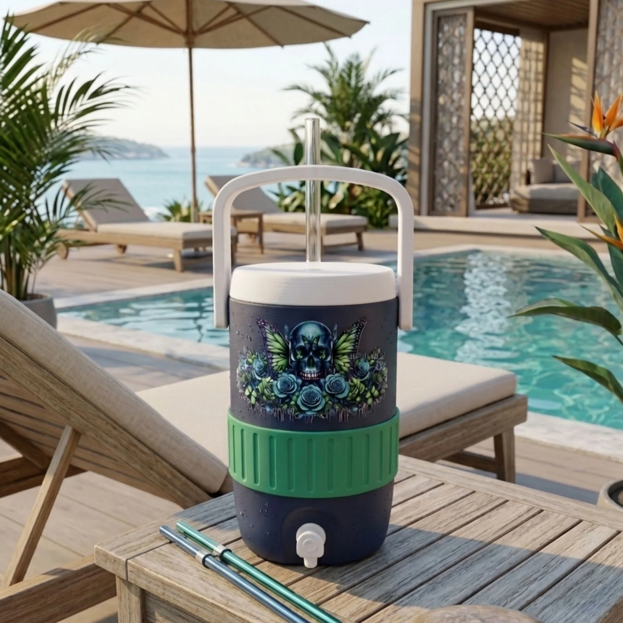 Gothic Floral Skull & Butterfly Cooler Can Holder – Durable Waterproof UV DTF Design