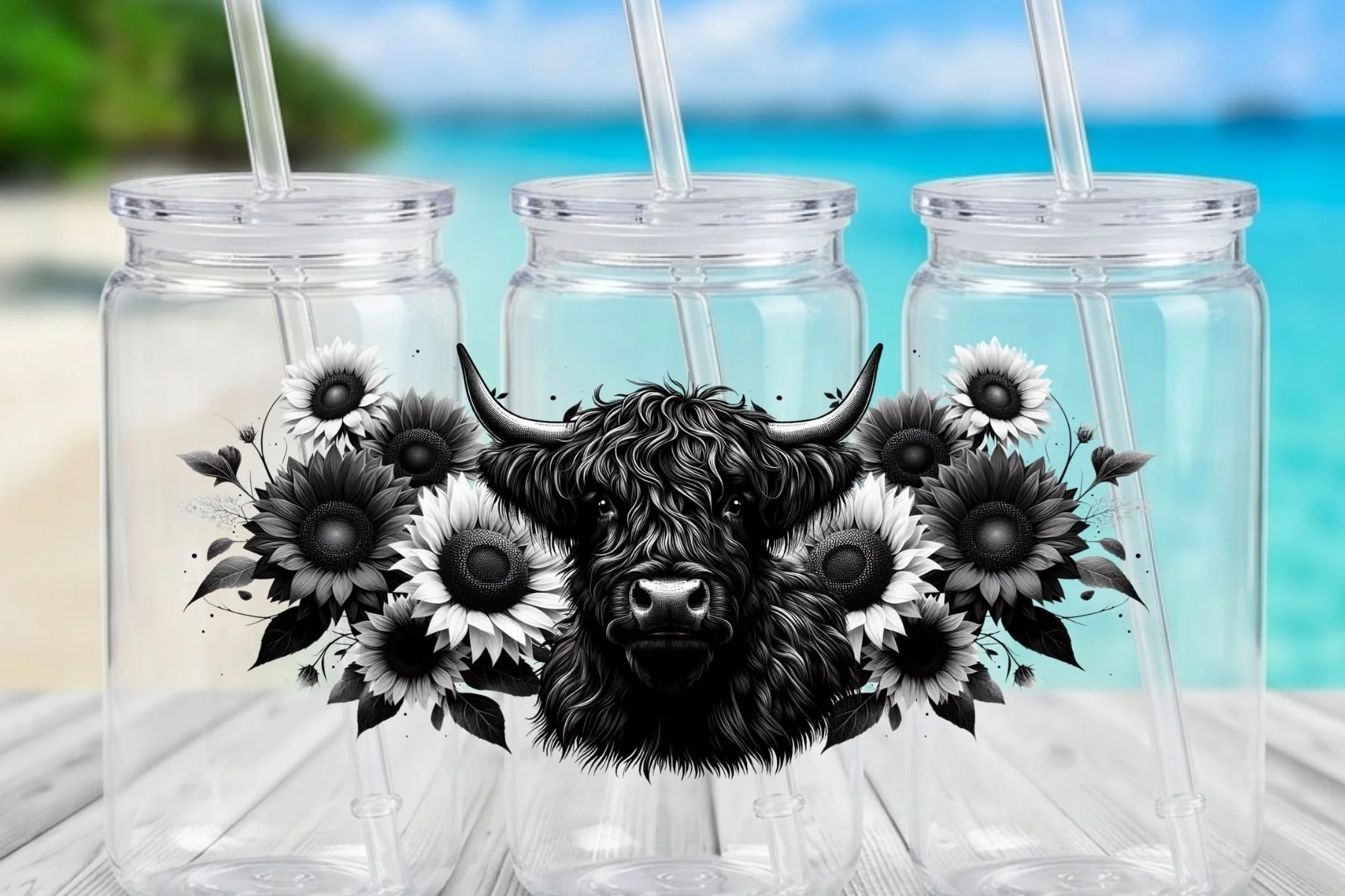 Black & White Highland Cow with Sunflowers 16 oz. Can-Shaped Plastic Tumbler