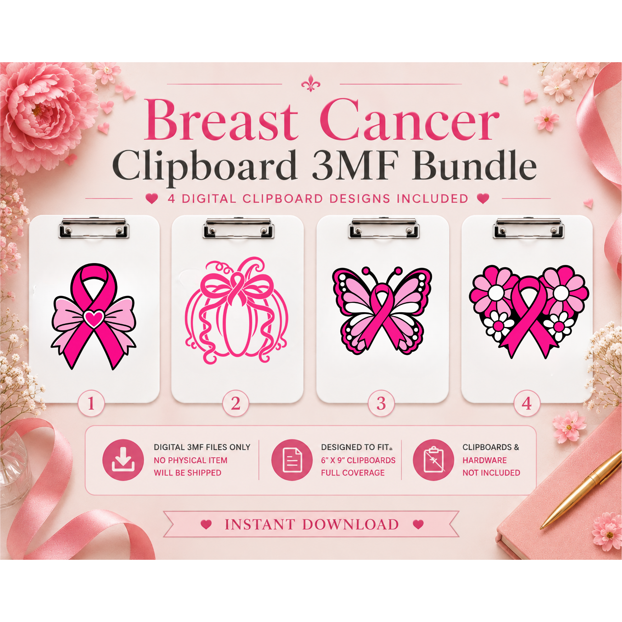 Breast Cancer Awareness Clipboard 3MF Bundle – 4 Digital Files