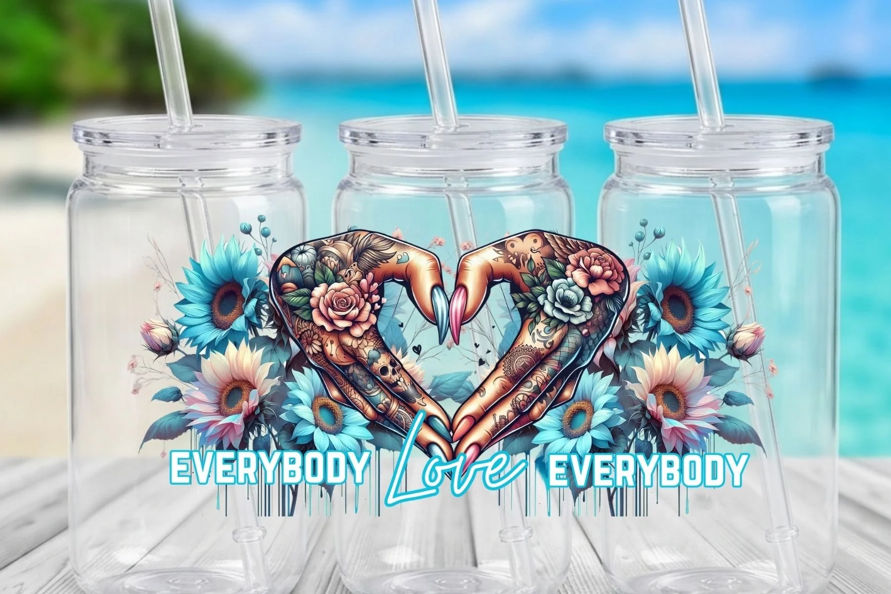 "Everybody Love Everybody" Tattooed Heart & Blue Sunflower 16 oz. Can-Shaped Plastic Tumbler