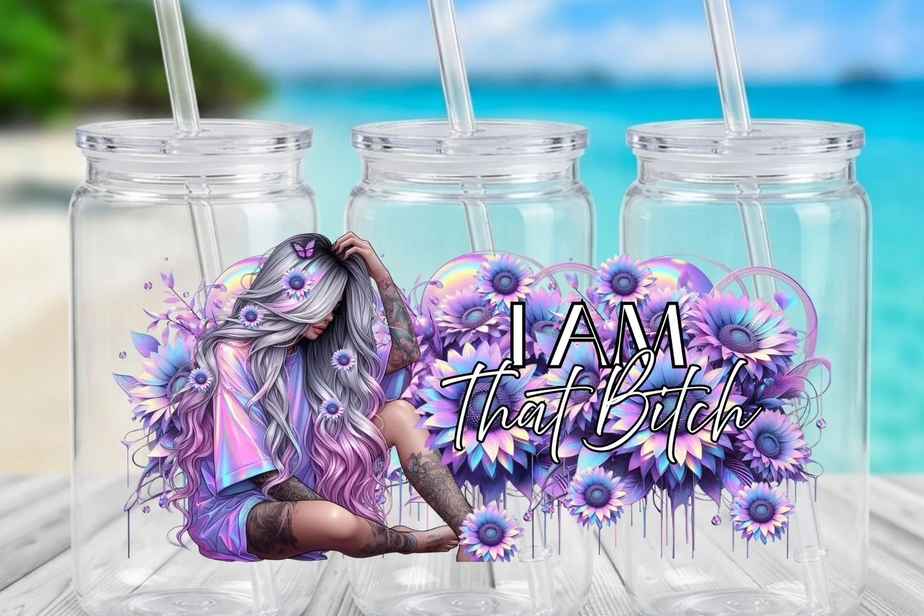 "I AM That Bitch" Aesthetic Girl & Purple Sunflowers 16 oz. Can-Shaped Plastic Tumbler