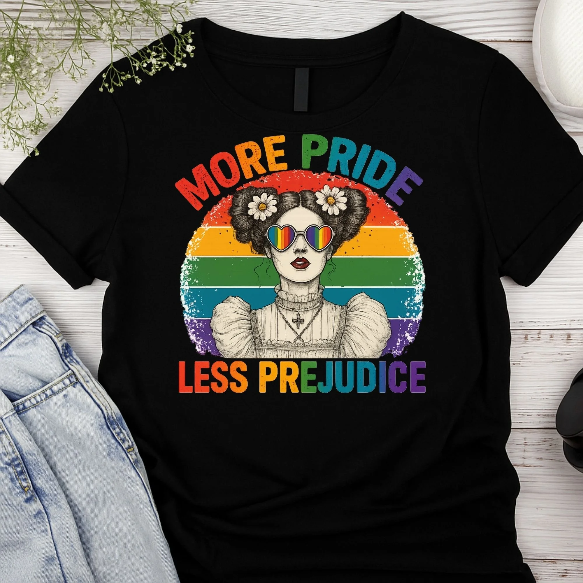 "More Pride, Less Prejudice" – Rainbow Heart Graphic Unisex Tee