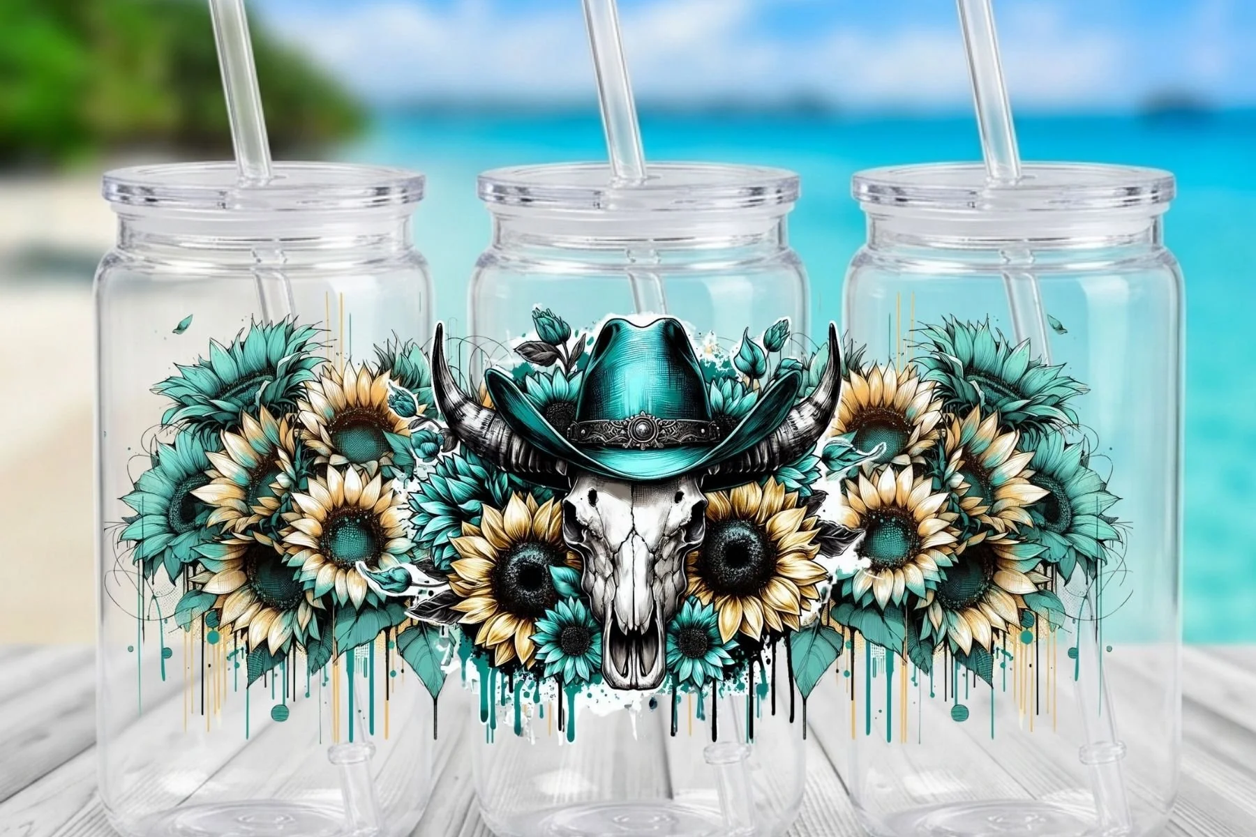 Western Bull Skull & Teal Sunflowers 16 oz. Can-Shaped Plastic Tumbler