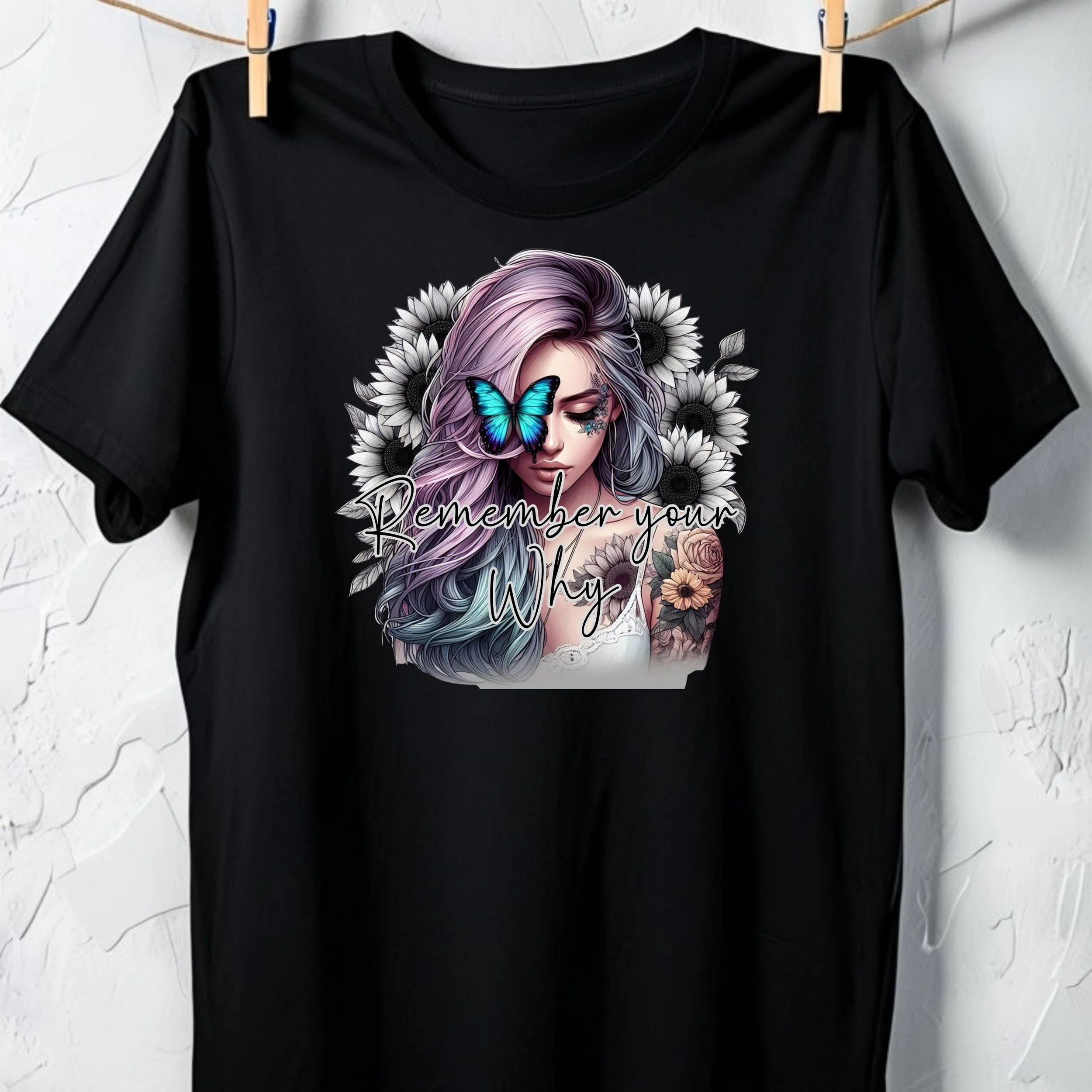 Remember Your Why – Motivational Butterfly & Sunflower Graphic Tee