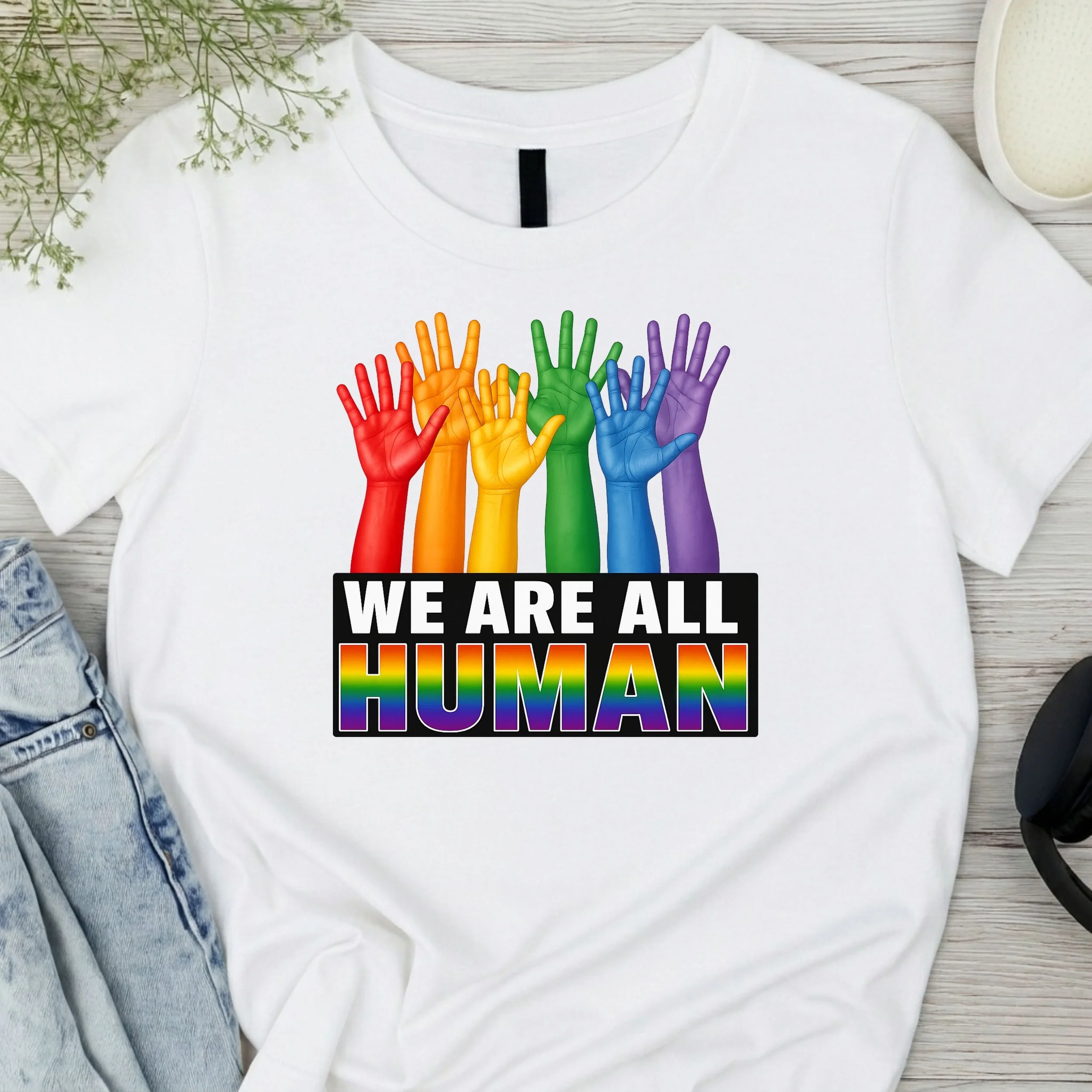 "We Are All Human" – Rainbow Pride Graphic Unisex Tee