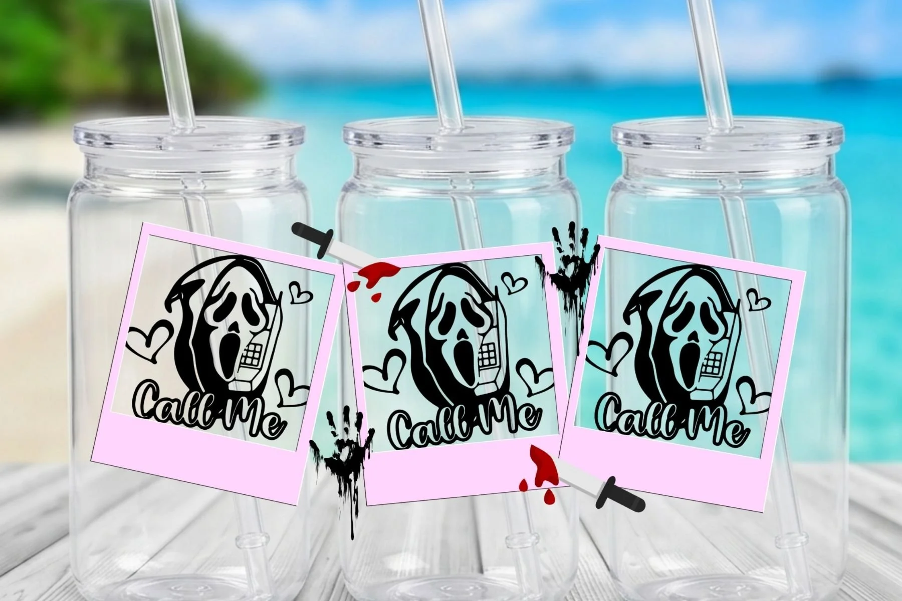 "Call Me" Ghostface Polaroid & Horror Aesthetic 16 oz. Can-Shaped Plastic Tumbler
