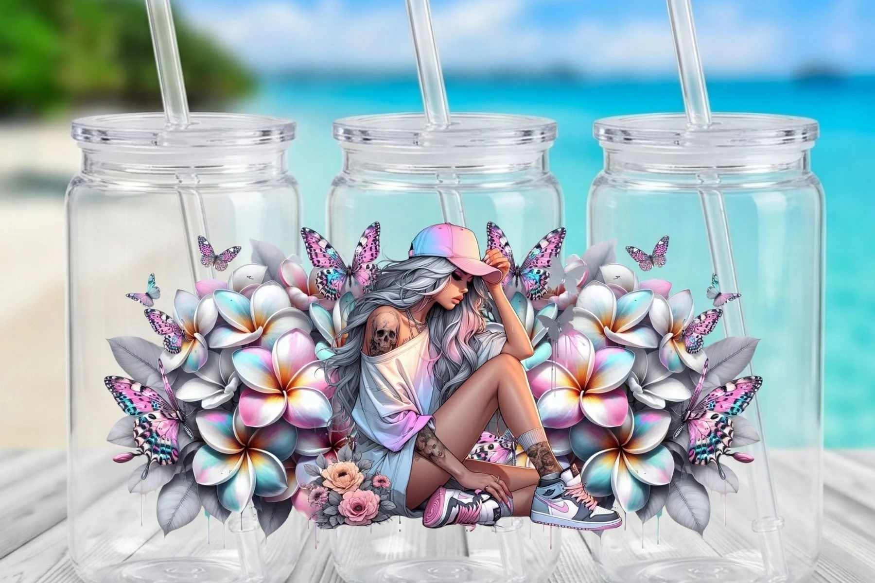 Aesthetic Girl with Cap & Plumeria Flowers 16 oz. Tumbler