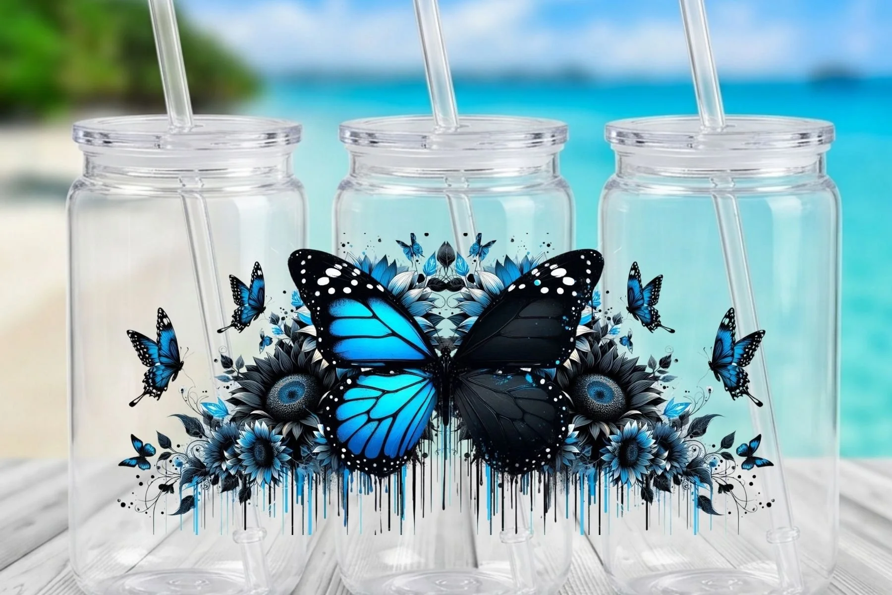 Blue Butterfly & Black Sunflower 16 oz. Can-Shaped Plastic Tumbler