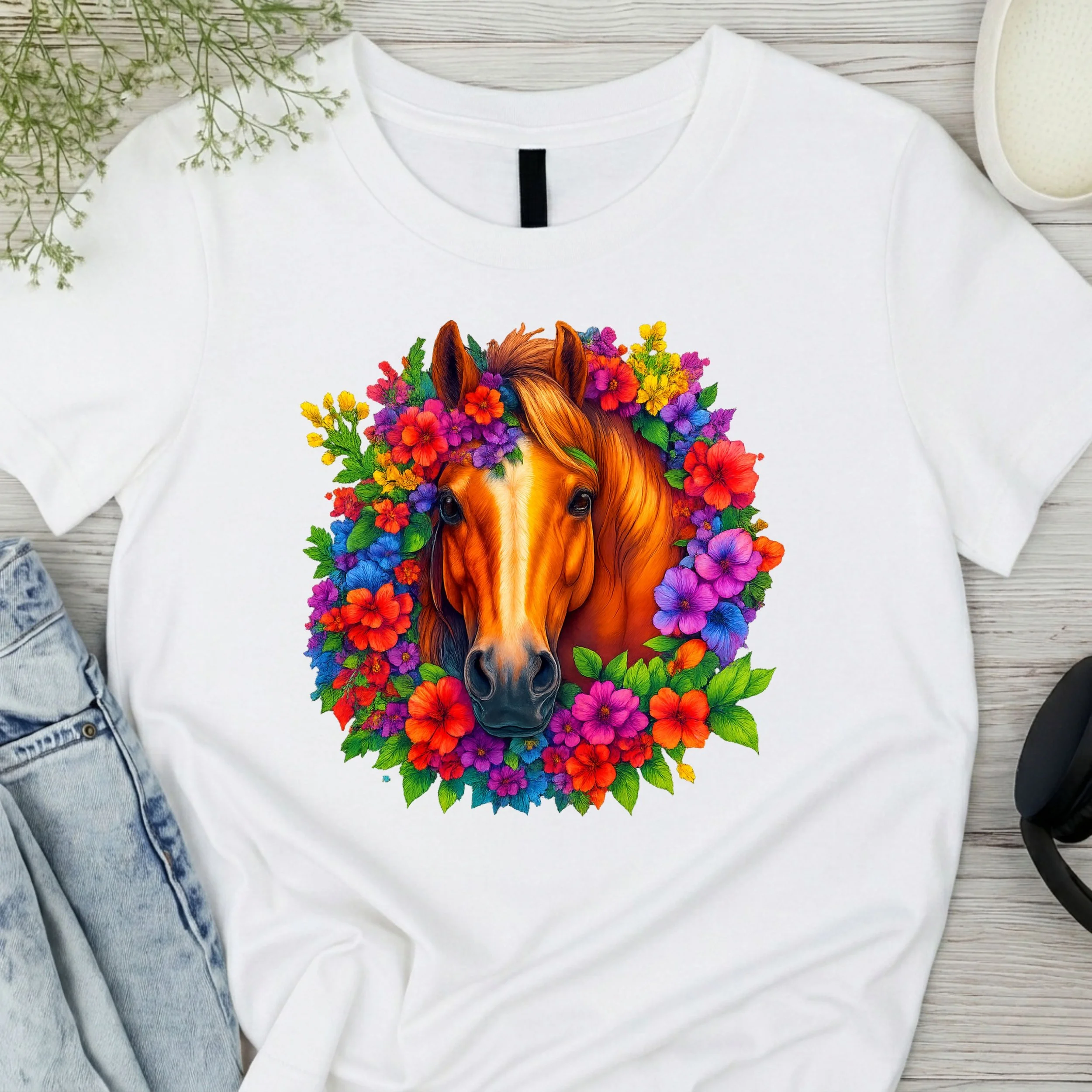 Horse Floral Graphic T-Shirt - Vibrant Equestrian Apparel - Artistic Nature Lover Tee