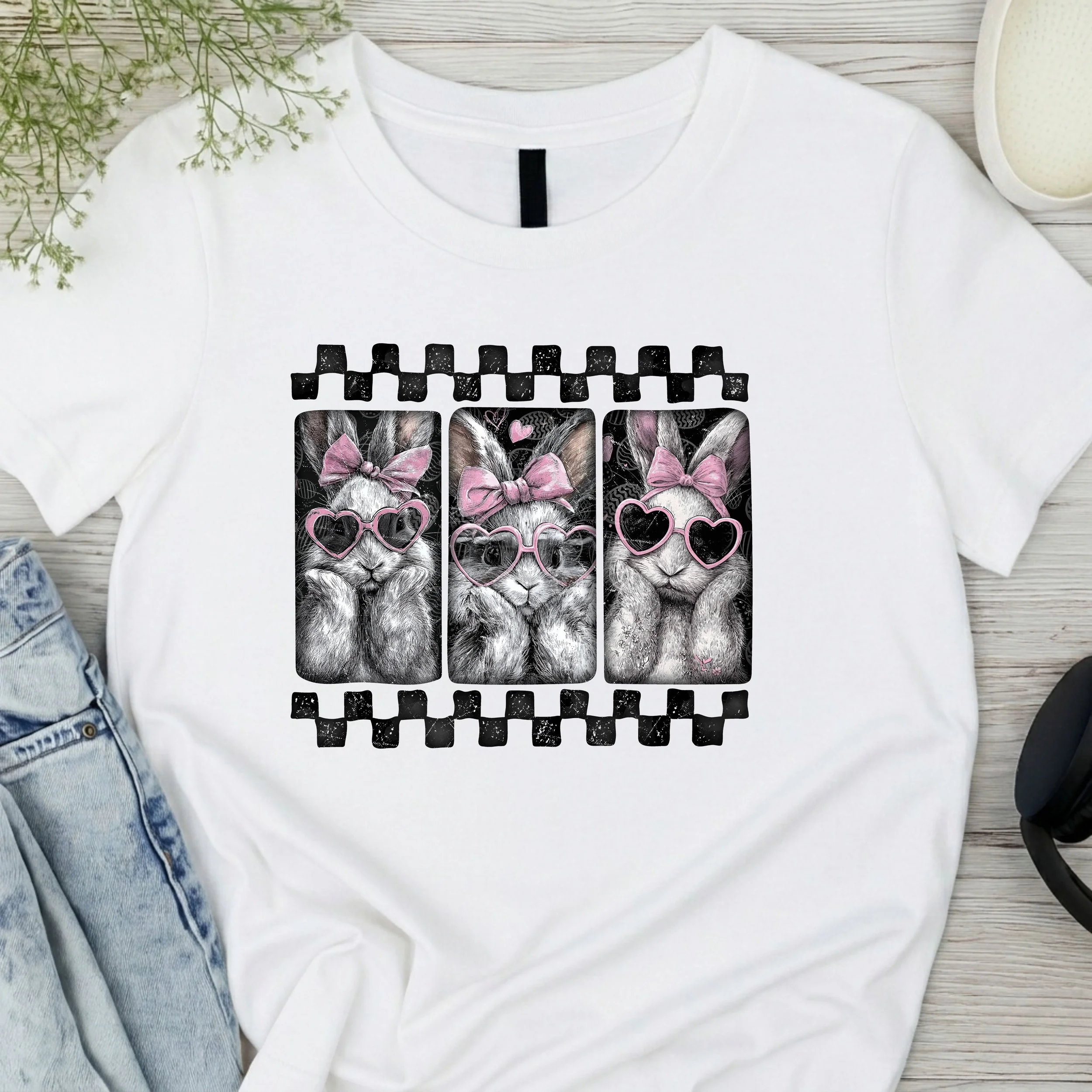 Chic Bunny Trio Graphic T-Shirt - Fashionable Easter Tee - Cute Rabbit Style Apparel