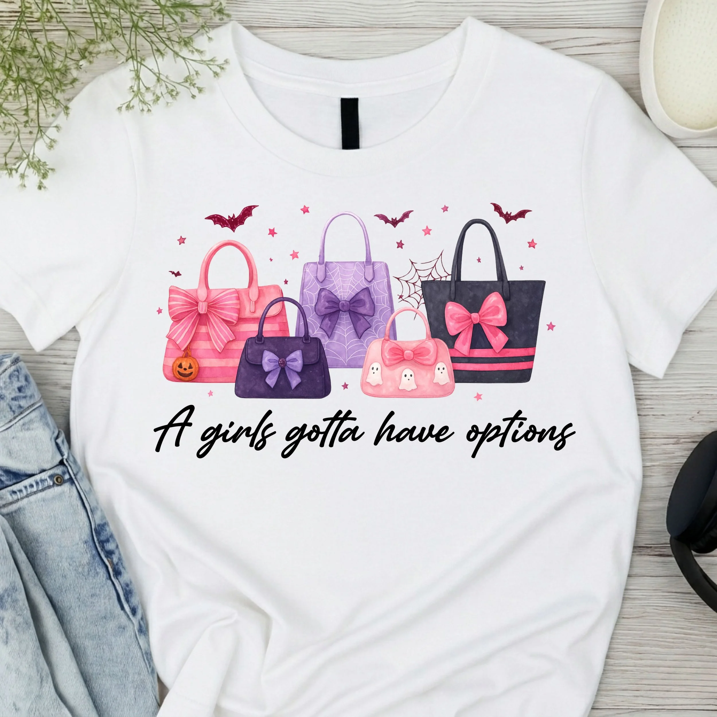 A Girl's Gotta Have Options Graphic T-Shirt - Spooky Purse Collection Tee - Fun Halloween Fashion