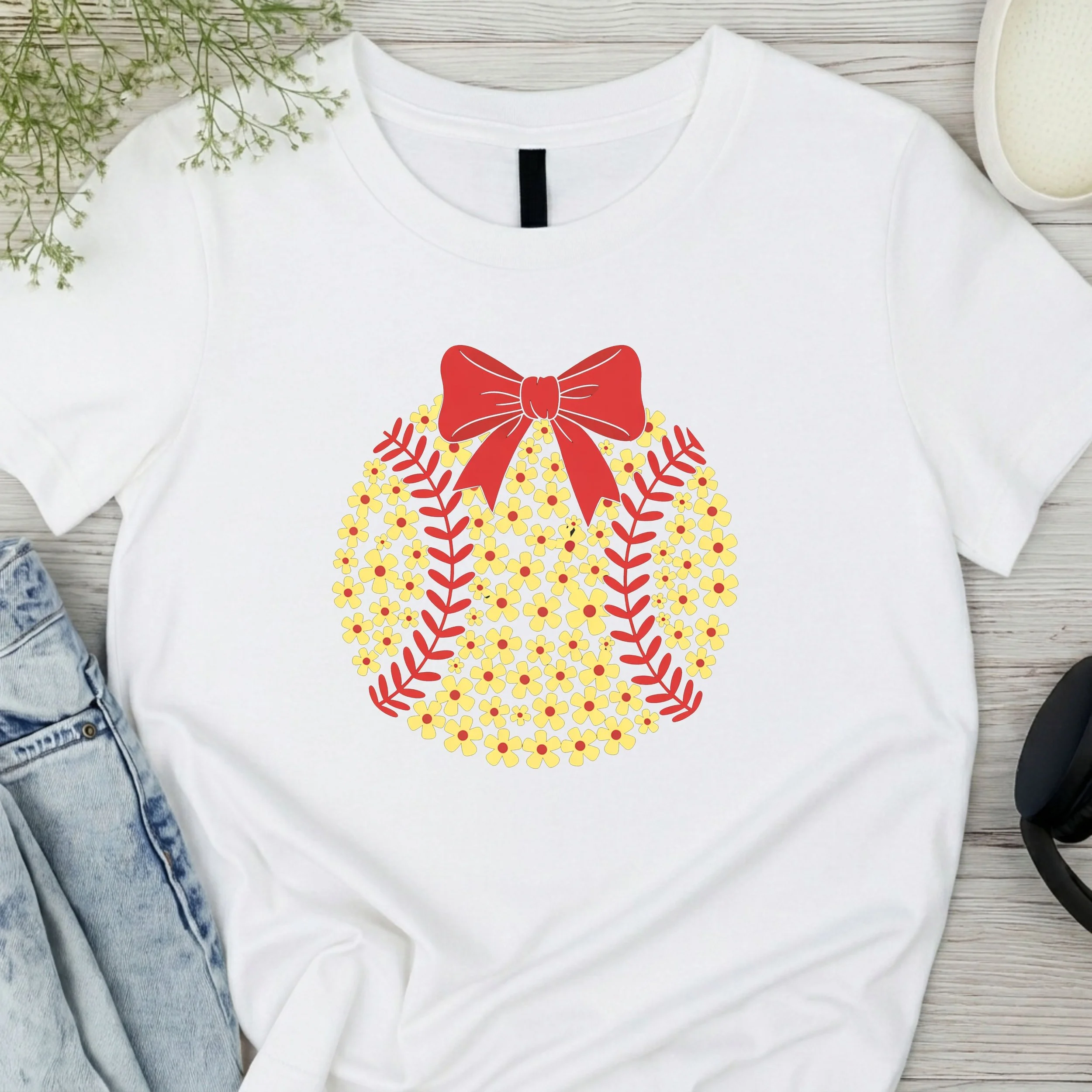 Floral Softball Graphic T-Shirt - Spring Sports Tee - Cute Flower Ball Apparel