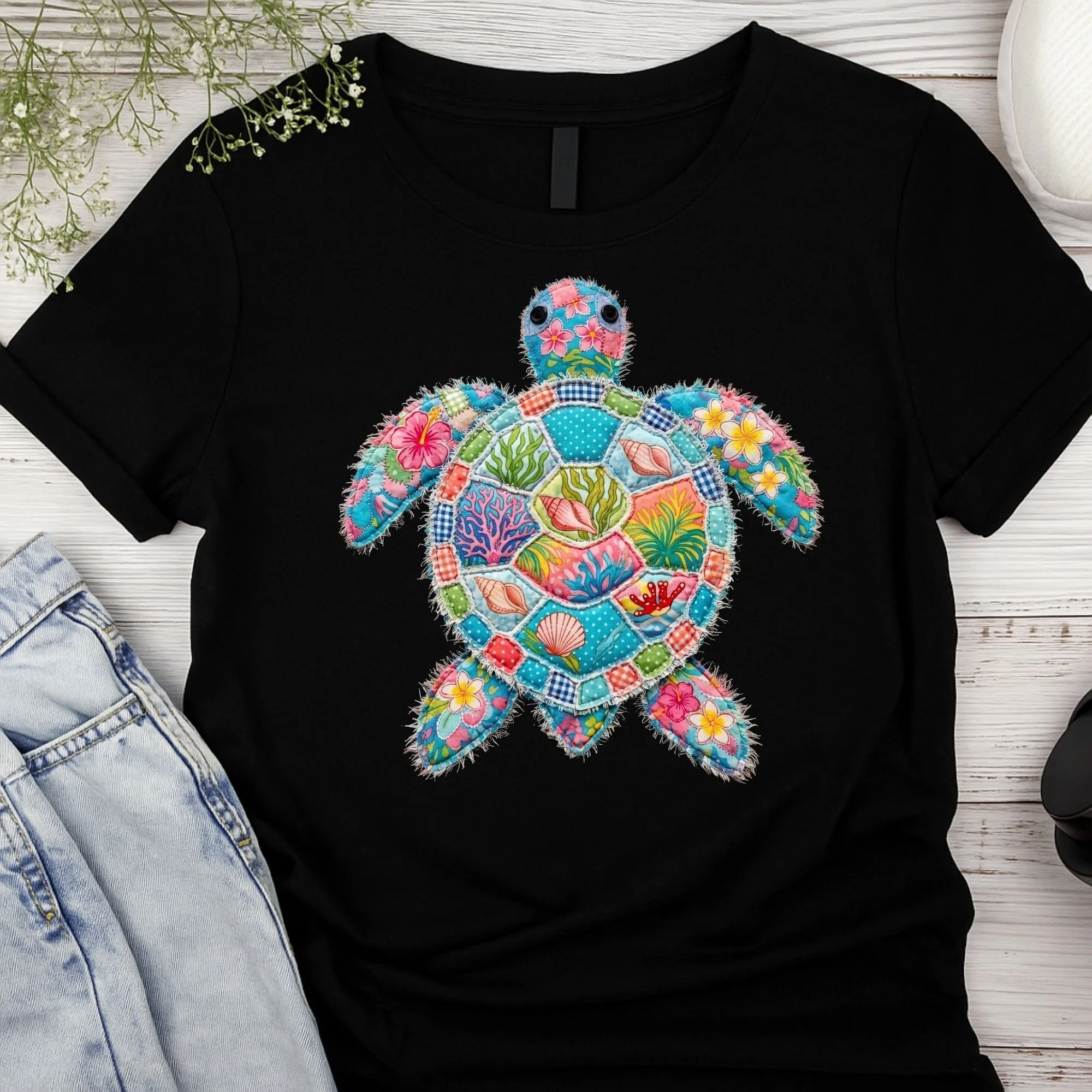 Patchwork Sea Turtle Graphic T-Shirt - Tropical Quilt Style Apparel - Coastal Casual Tee