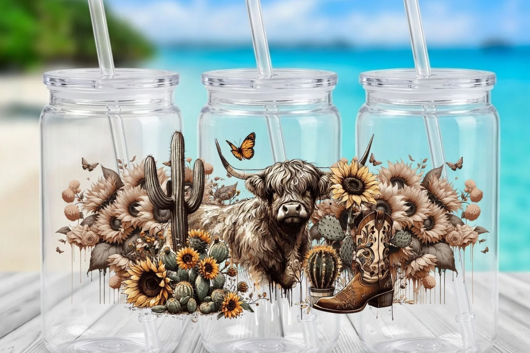 Highland Cow, Cactus & Cowboy Boot 16 oz. Can-Shaped Plastic Tumbler