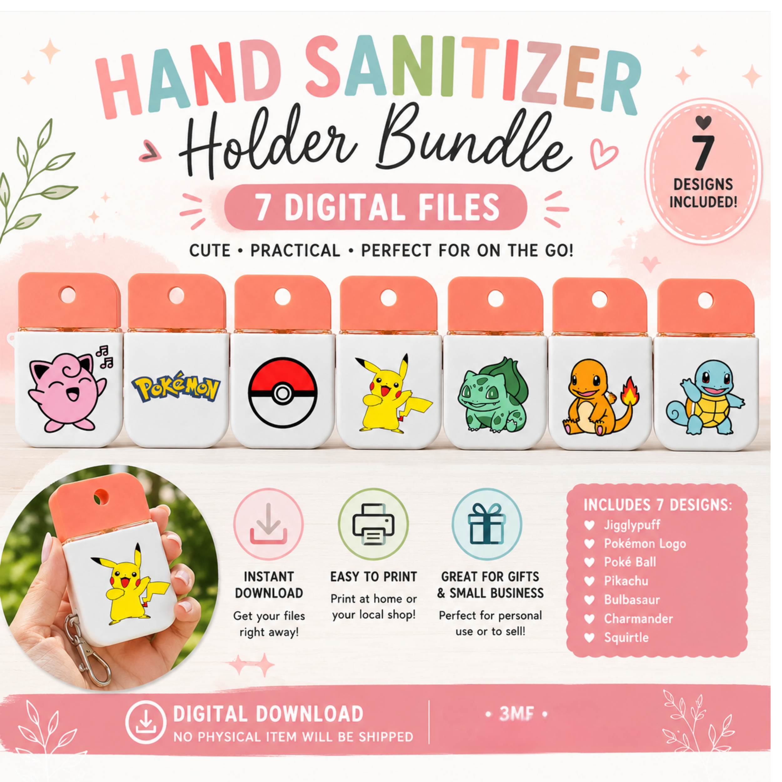 Pokemon Inspired Hand Sanitizer Holder Bundle 3MF Files, 7 Designs, 3D Print Digital Download, Cute Sanitizer Holder Files