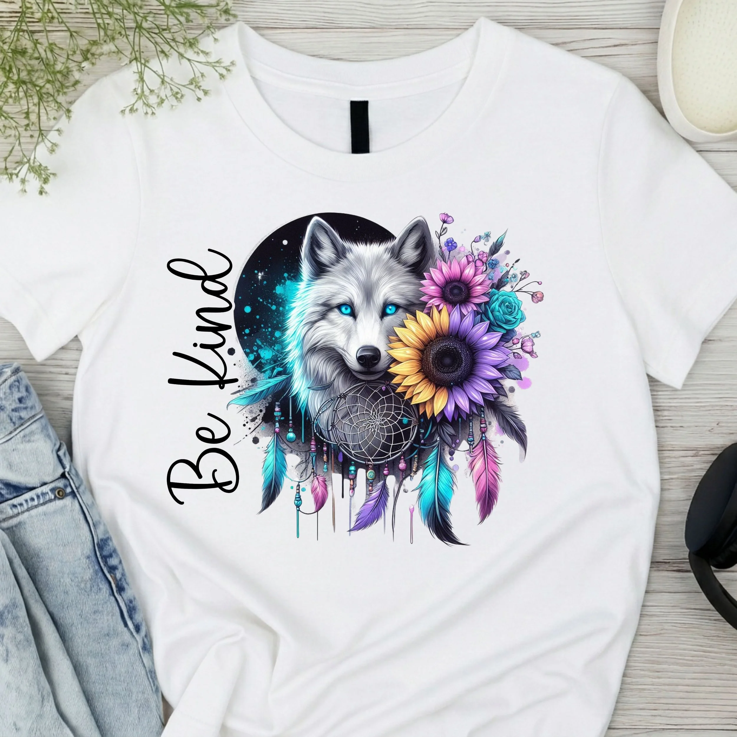 "Be Kind" Wolf Dreamcatcher Graphic Tee | Mystical Floral Animal Print Shirt | Boho Spirit Aesthetic Apparel