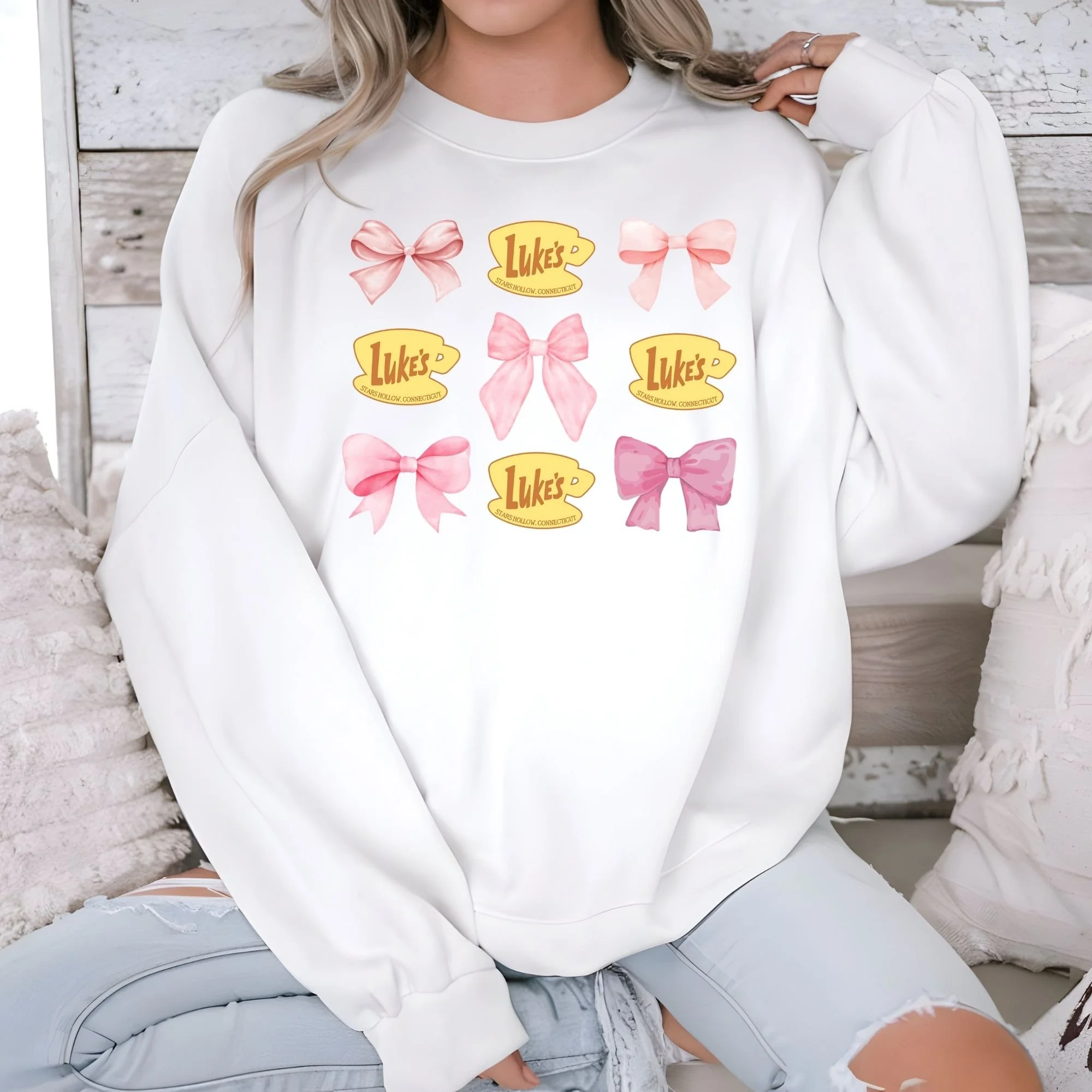 Luke’s Diner & Pink Bows Sweatshirt | Gilmore Girls Aesthetic Sweater | Trendy Coquette Bow Graphic Pullover | Stars Hollow Fan Apparel