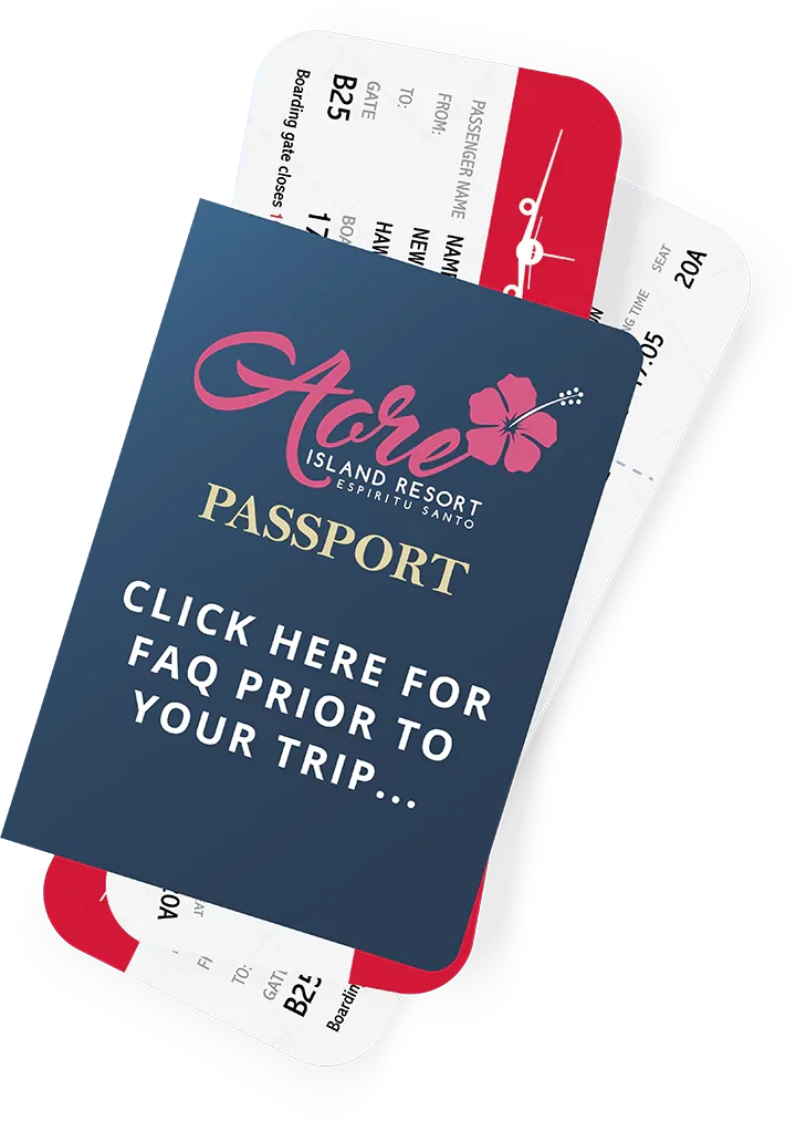 A smartphone displaying a travel app with a loyalty card for Aore Island Resort, showing boarding passes behind a passport cover with a hibiscus flower logo and the text 'Click here for FAQ prior to your trip'.