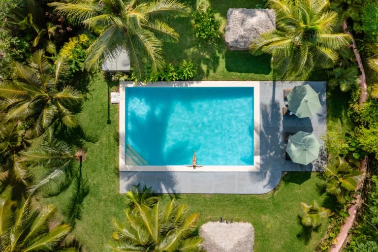 Aerial view of a swimming pool surrounded by tropical trees, with two umbrellas and lounge chairs on the right side.