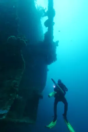 Scuba diver swimming near a sunken shipwreck underwater.