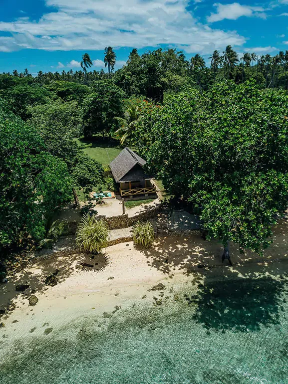 A tropical beach with clear water, white sand, lush green trees, a small hut with a thatched roof, and palm trees under a blue sky.