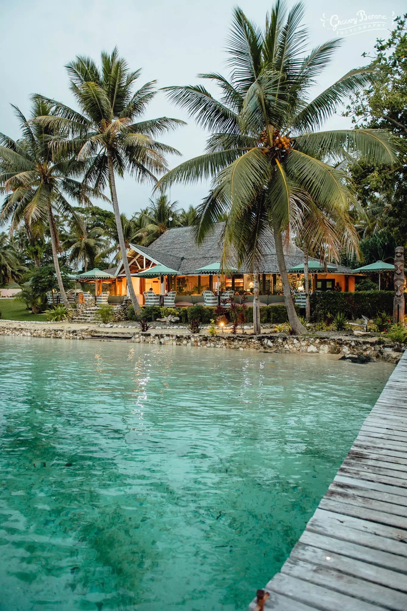 A tropical scene with palm trees, a waterfront house with a thatched roof, outdoor chairs, and a wooden dock extending into the clear water. The house has large windows and is surrounded by lush greenery.