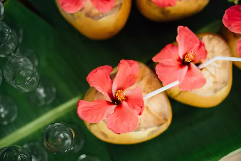 Coconuts with pink hibiscus flowers and drinking straws on a green banana leaf.