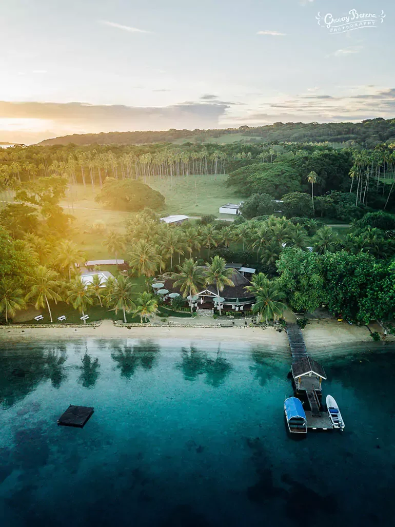 A tropical beach resort with palm trees, a dock extending into clear ocean water, and a boat moored at the dock.