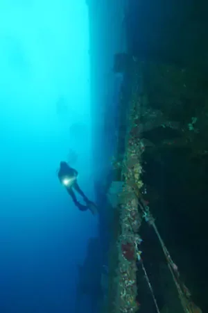 An underwater scene featuring a scuba diver near a sunken shipwreck or structure, with a blue ocean background.