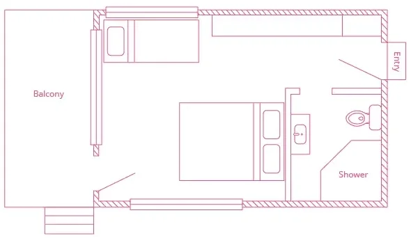 Floor plan of a small apartment with an entry, bathroom with shower, sleeping area with bed, small kitchen, and balcony.