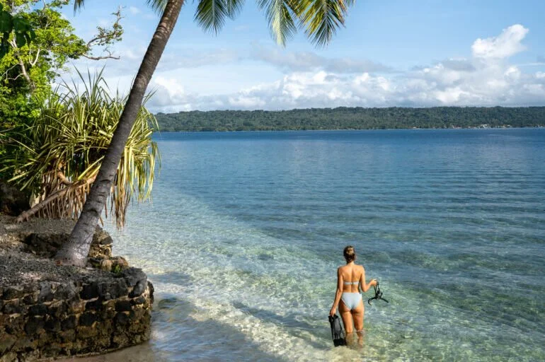 A woman in a bikini holding snorkeling gear walks into clear, shallow ocean water near a rocky shoreline with tropical trees, a palm tree, and distant islands against a blue sky with some clouds.