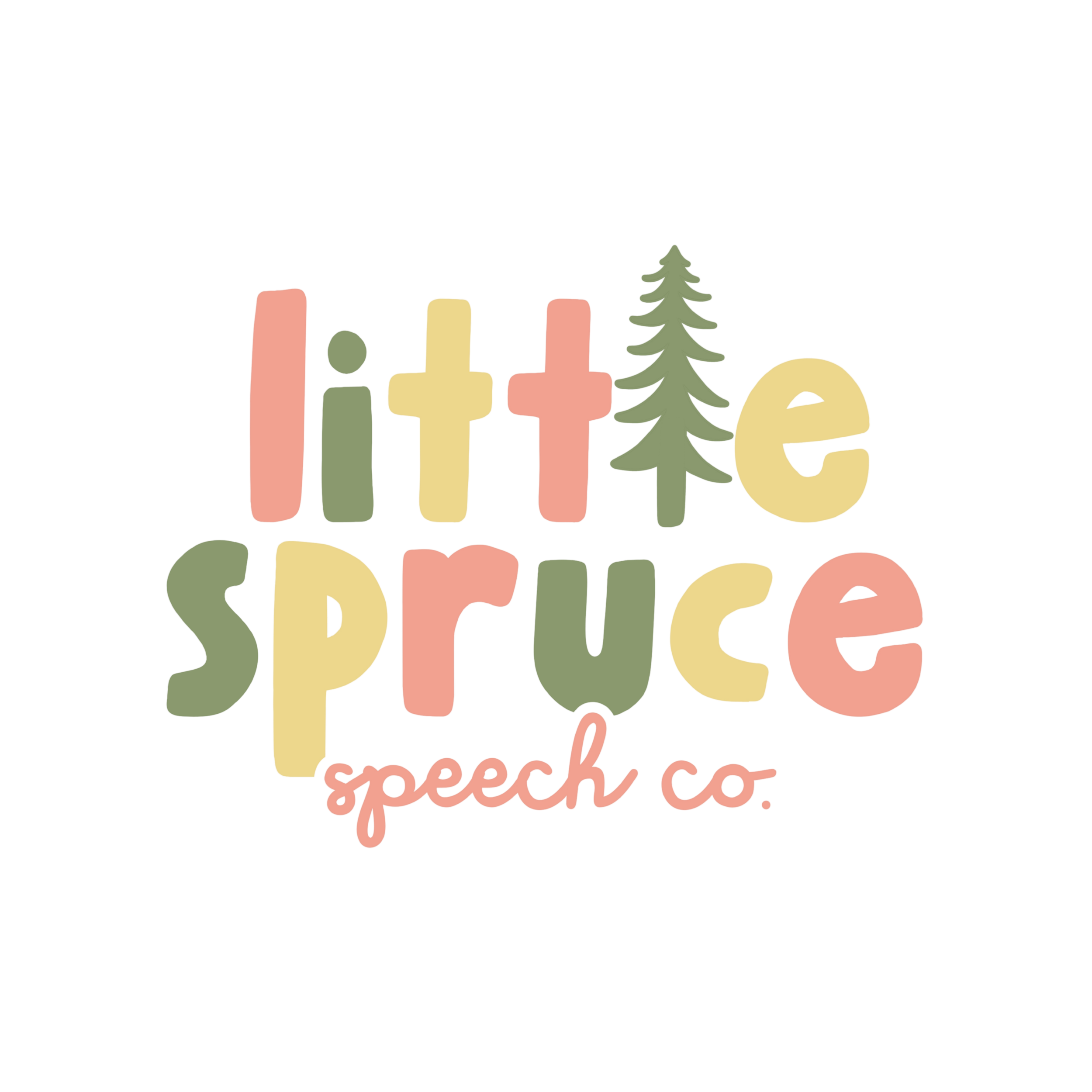 Colorful neon logo saying 'little spruce' with a small tree and cursive text 'speech co' at the bottom.