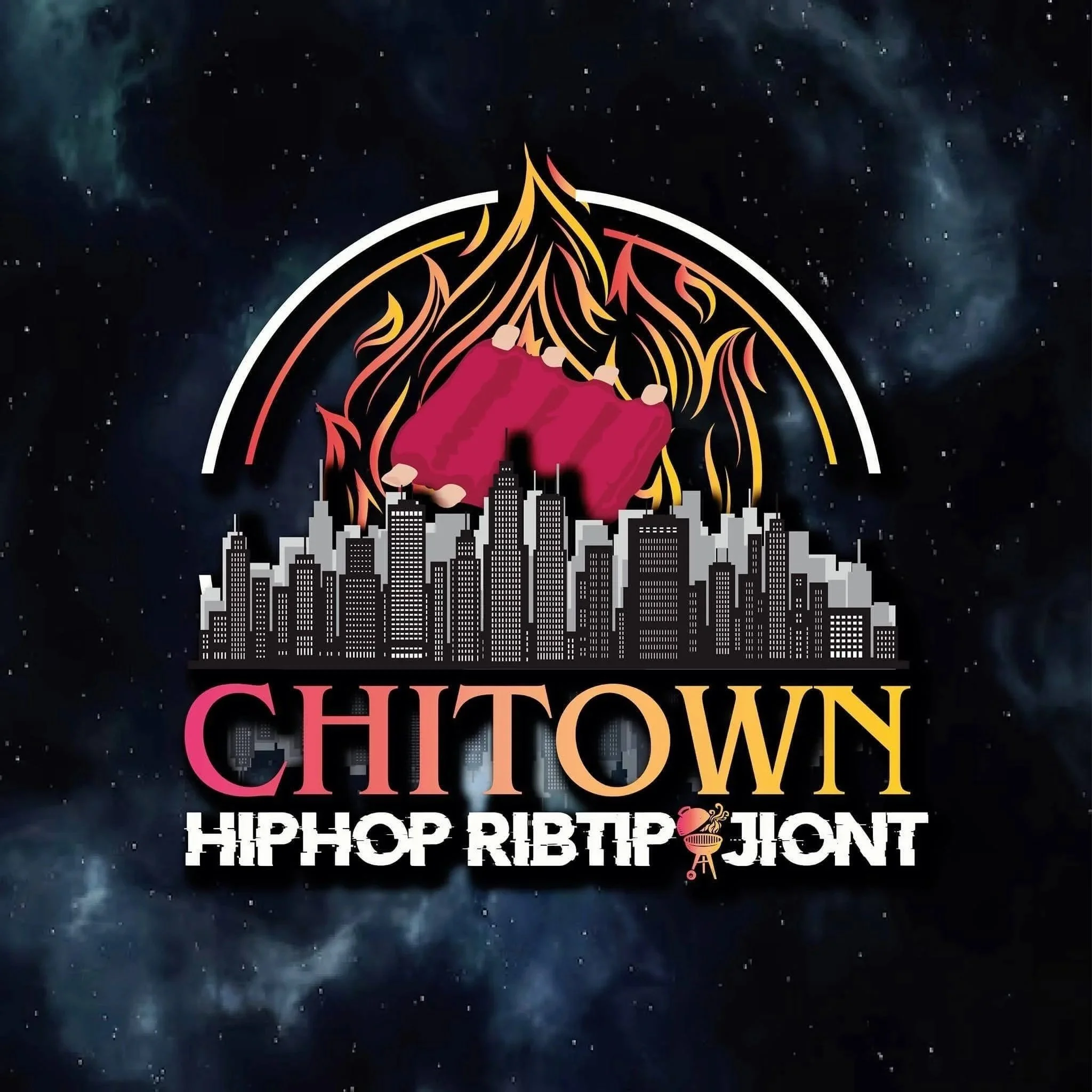 Logo of a music event called 'Chitown Hip Hop Rippin' with a city skyline at the bottom and a background resembling outer space with stars and nebulae.