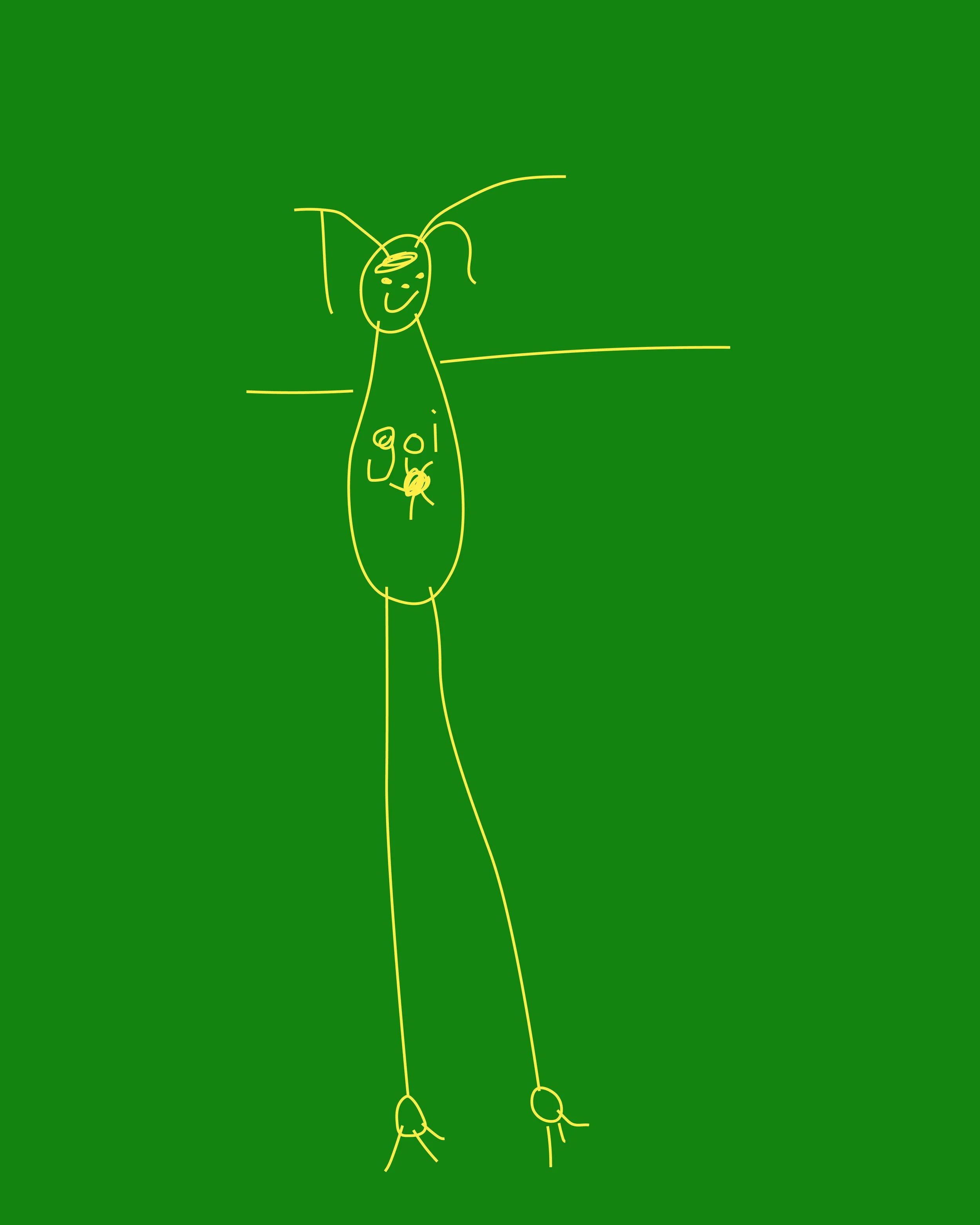 A simple stick figure drawing of a person with outstretched arms, a smiling face, and the word 'oil' written on their chest, on a green background.