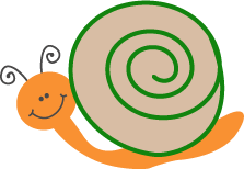 Cartoon snail with a yellow face and orange body, smiling, with a green spiral shell.