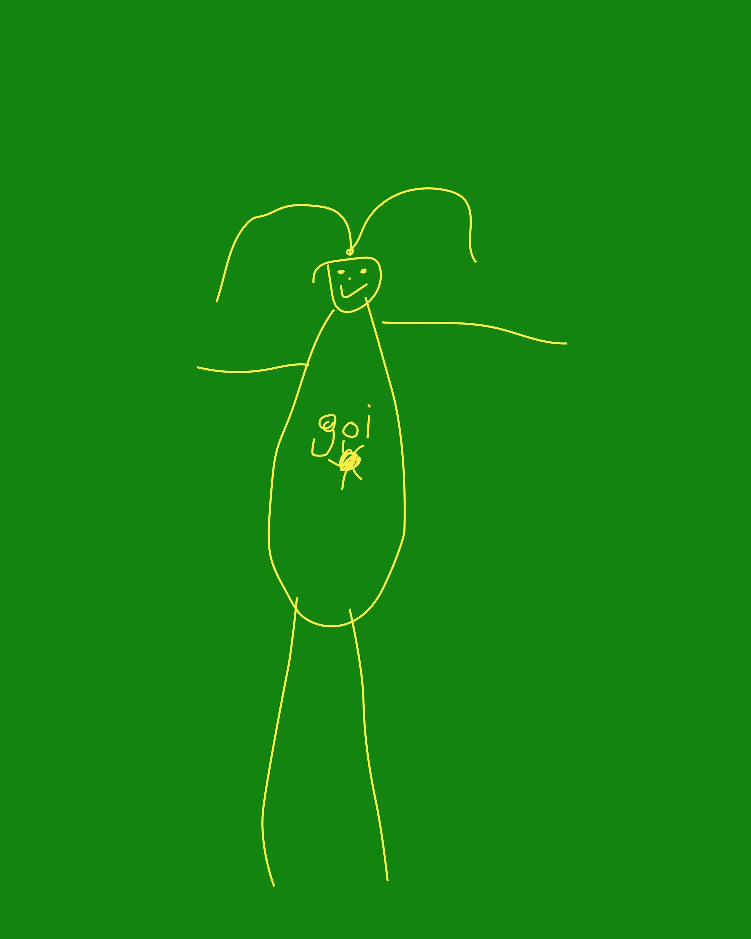 A digital drawing of a person with long hair, smiling, wearing a dress with '@' and 'oi' written on it, on a green background.