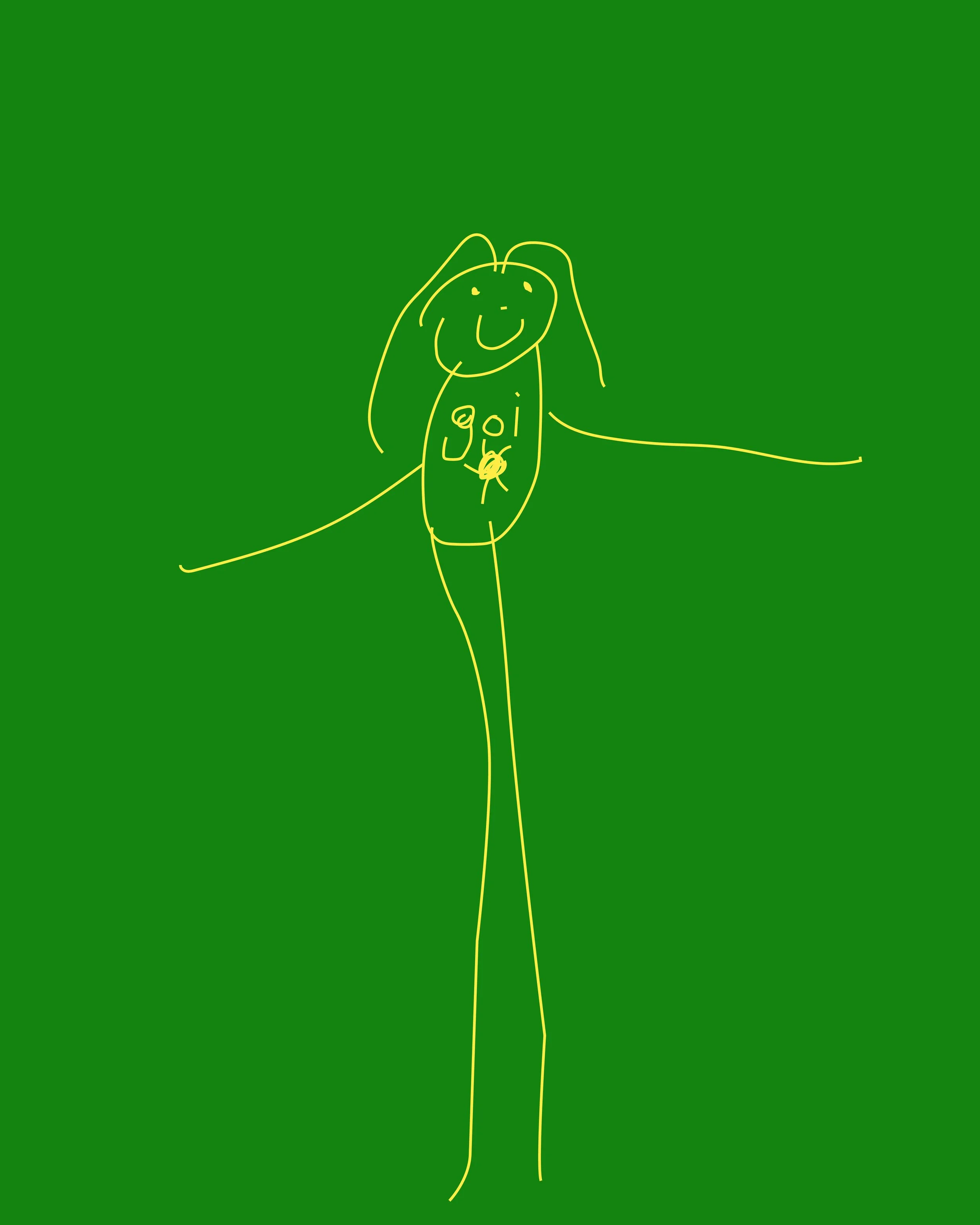Child's drawing of a smiling girl with long hair, wearing a shirt with 'goi' written on it, holding a yellow object, on a green background.